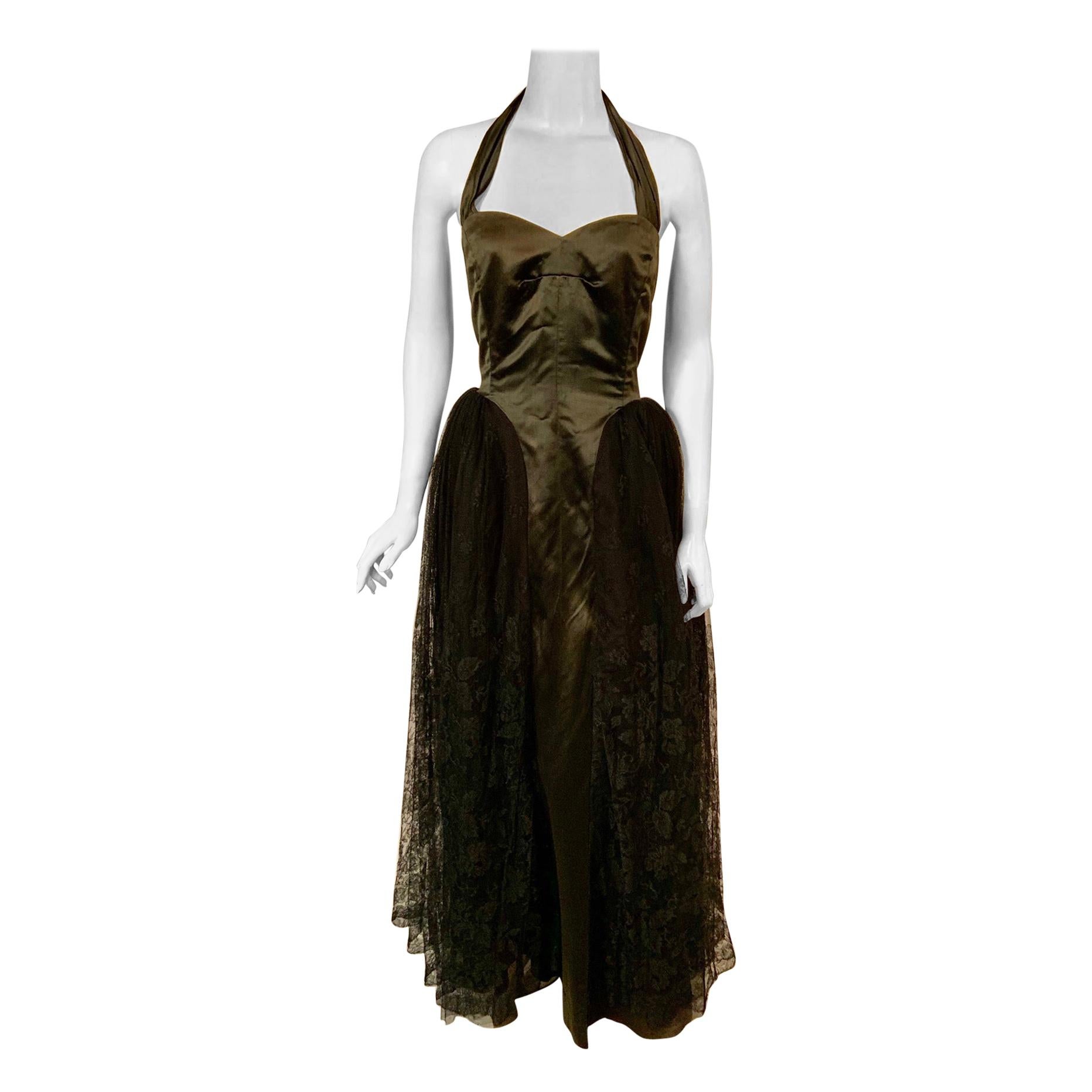 1950's Henri Bendel Black Satin and Lace Halter Top Evening Gown