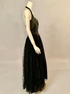 1950's Henri Bendel Black Satin and Lace Halter Top Evening Gown