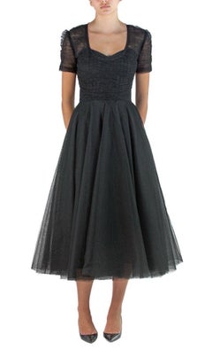 1950S Henri Bendel Custom Black Rayon & Silk Tulle Cocktail Dress With Couture 