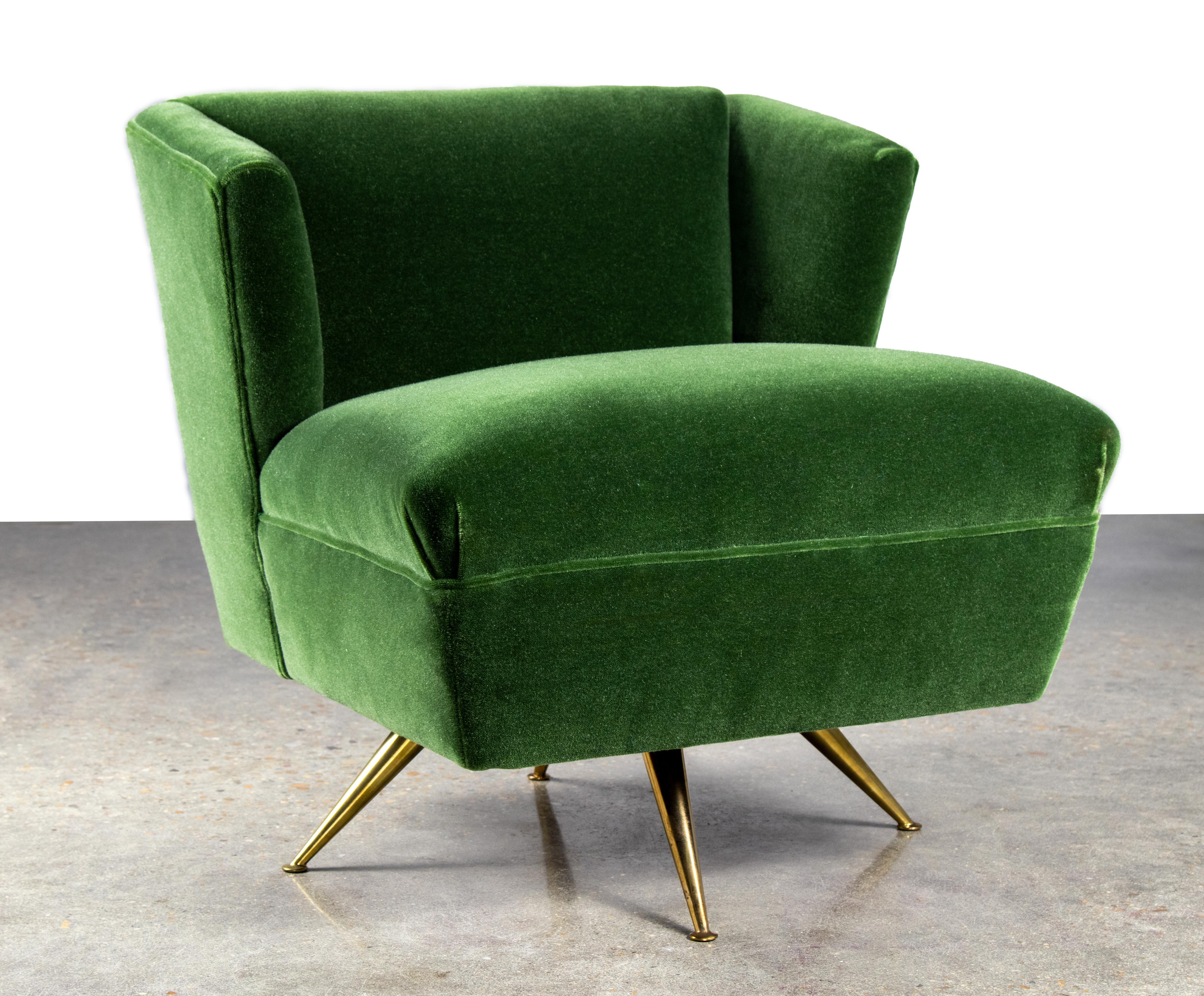 Mid-20th Century 1950s Henry P Glass Swivel Lounge Chair Green Mohair on Brass Legs JL Chase Co.