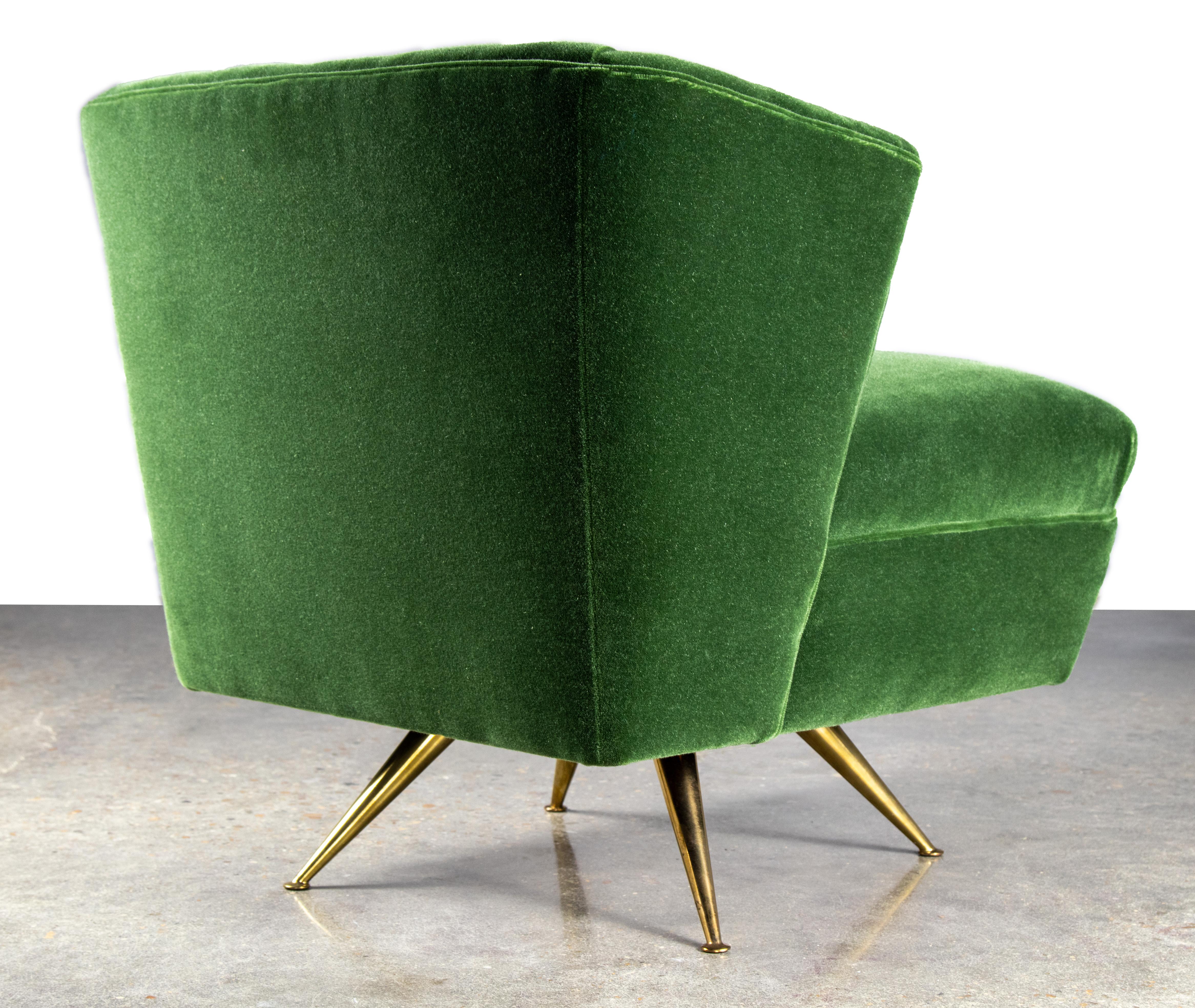 American 1950s Henry P Glass Swivel Lounge Chair Green Mohair on brass legs JL Chase Co. For Sale
