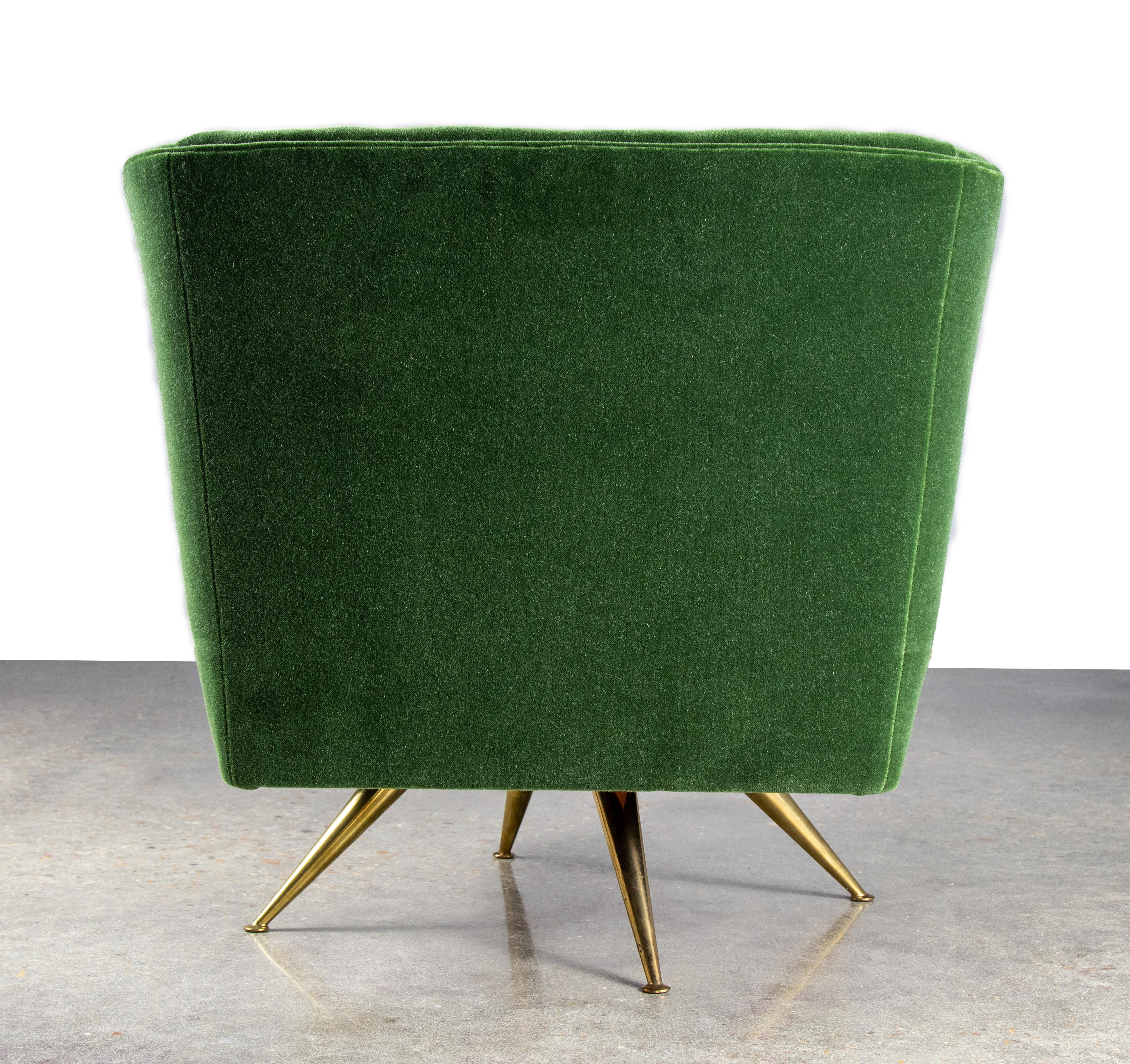 1950s Henry P Glass Swivel Lounge Chair Green Mohair on brass legs JL Chase Co. In Good Condition For Sale In Virginia Beach, VA