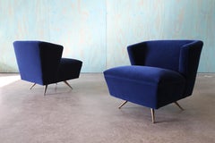1950s Henry P Glass Swivel Lounge Chairs Blue Mohair on Brass Legs JL Chase Co.