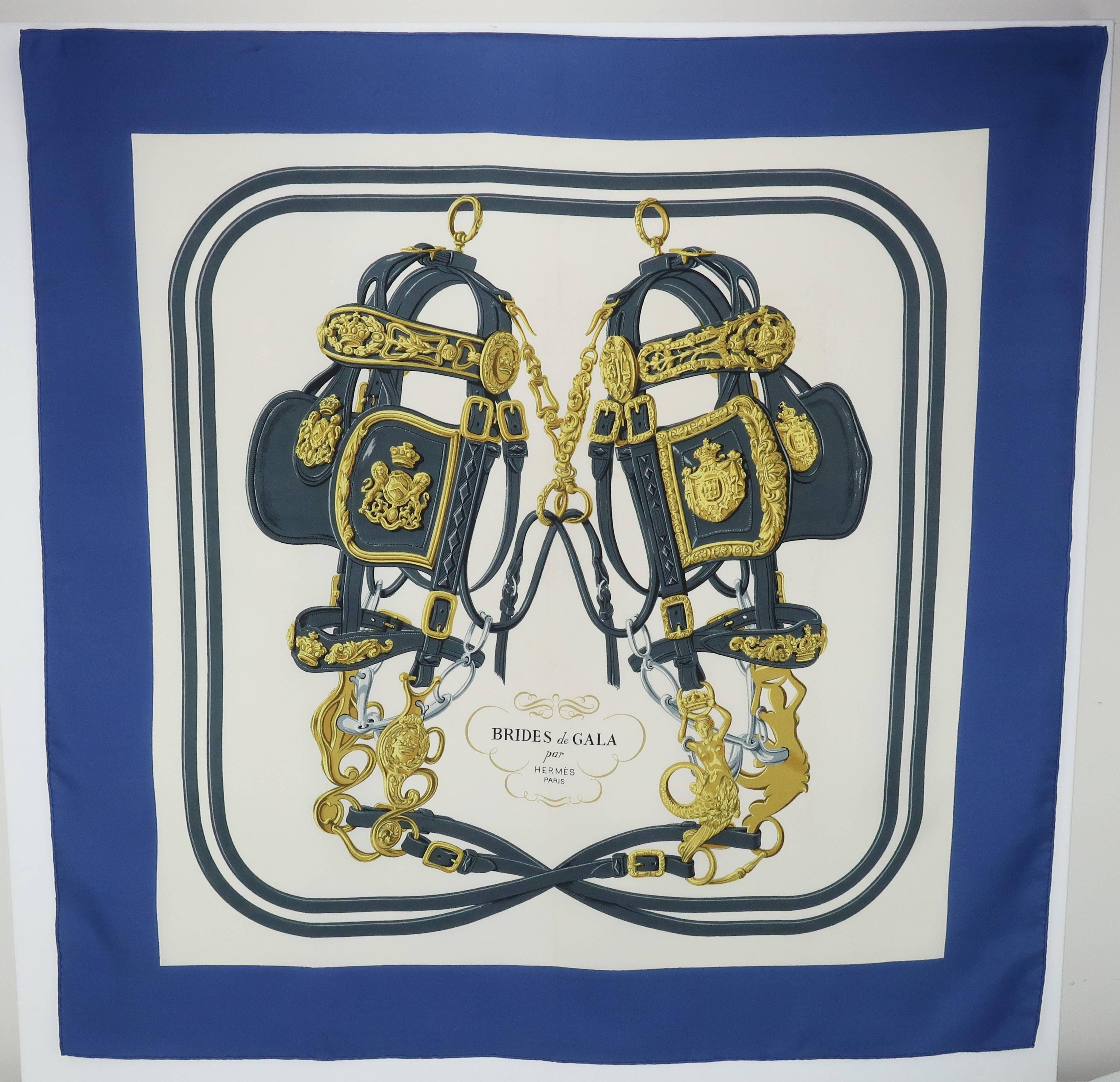 Often cited as one of Hermes' most popular scarf designs, the 'Brides de Gala' image has been worn by many fashionable ladies since its introduction by Hugo Grygkar in 1957.  This scarf was purchased by the original owner in Paris during the late