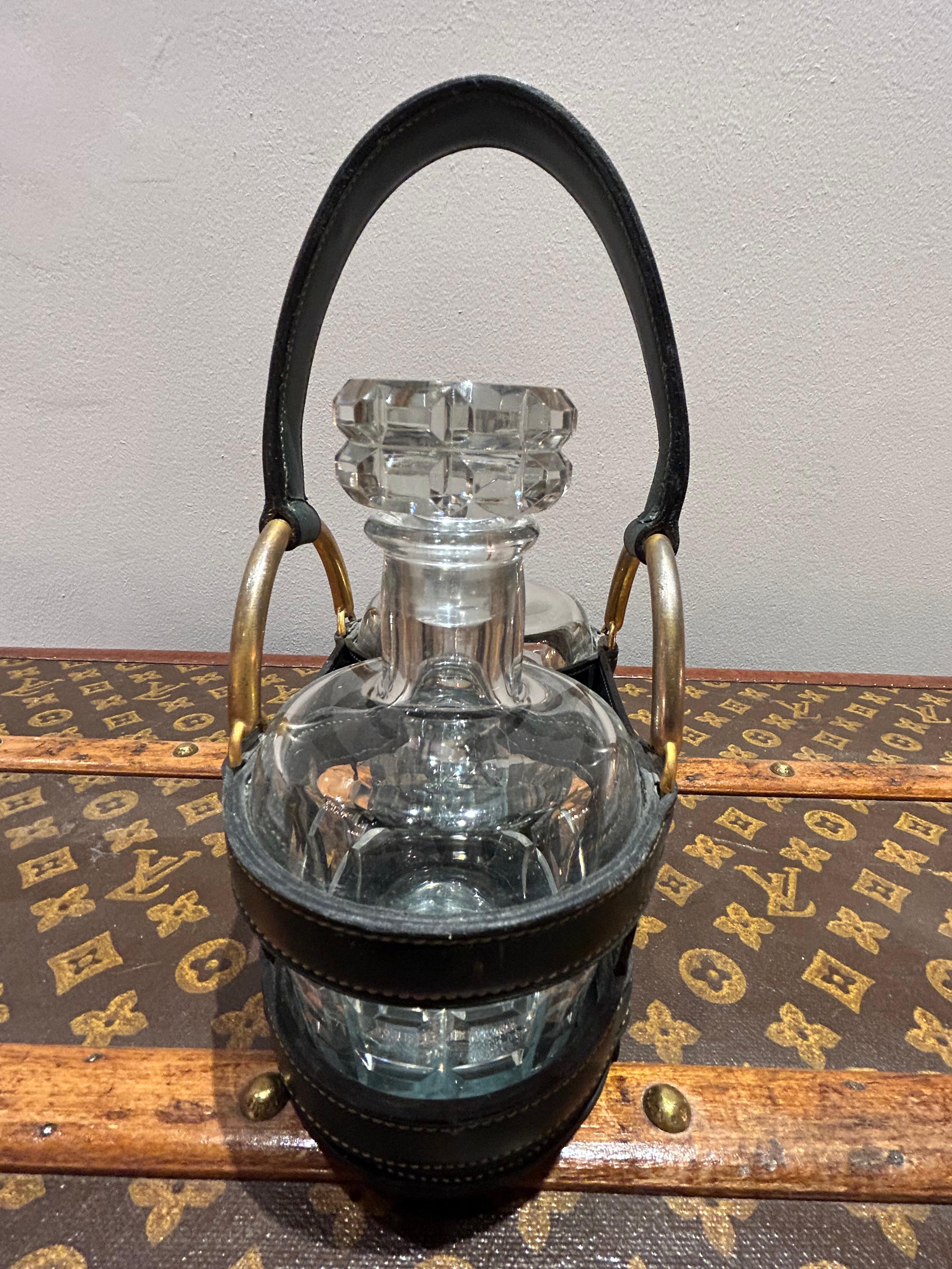 1950's Hermès set of Decanters in a leather basket holder In Good Condition For Sale In Hong Kong, HK