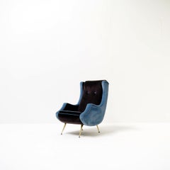 1950’s High-Back Fauteuil, Reupholstered in a Blue and Mauve Velvet