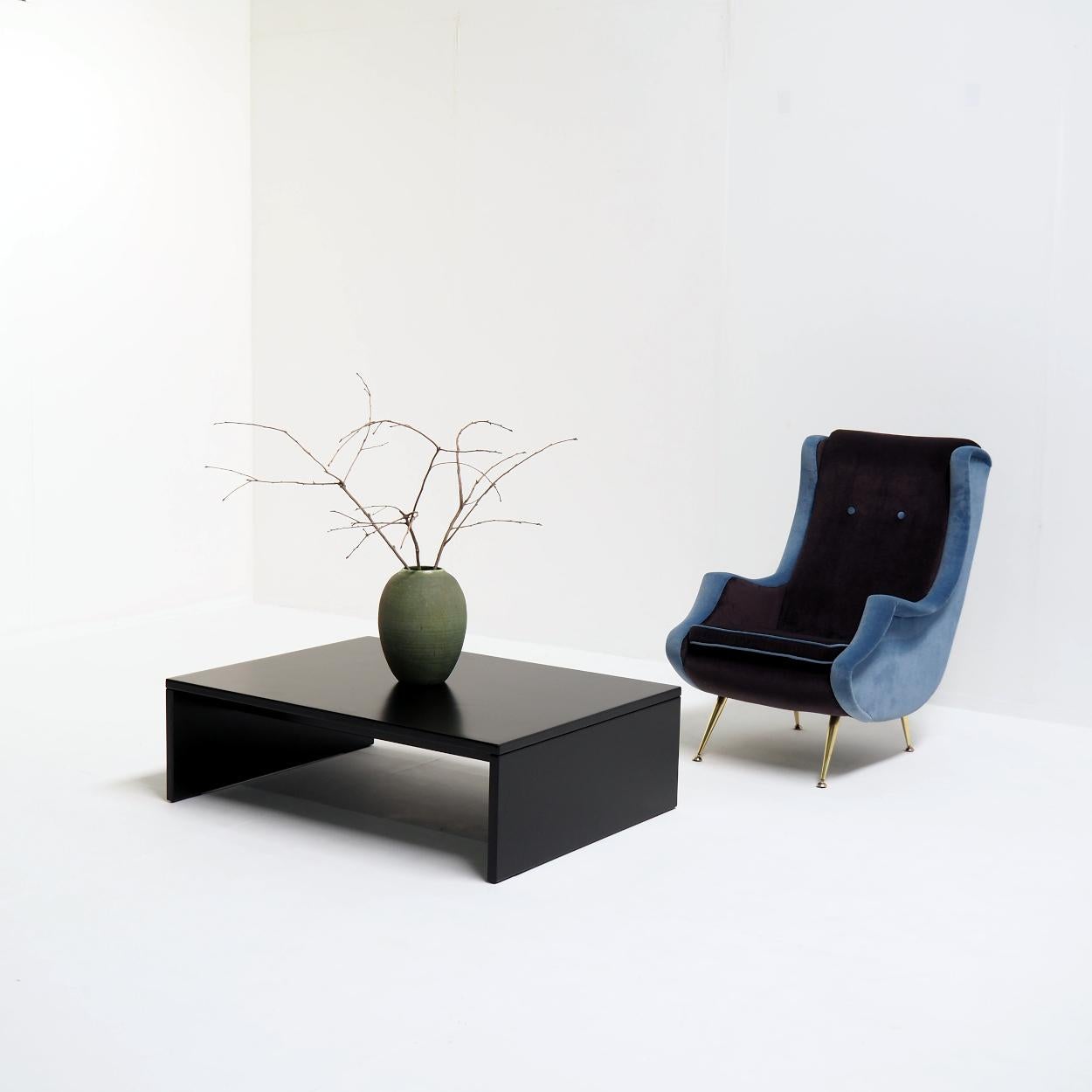 Italian 1950’s High-Back Fauteuil, Reupholstered in a Blue and Mauve Velvet For Sale