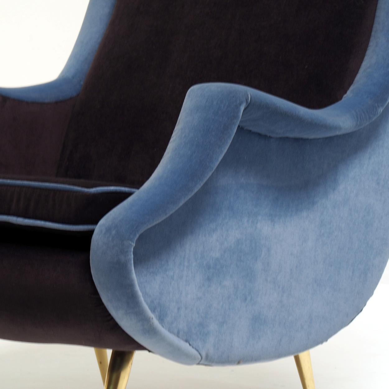 20th Century 1950’s High-Back Fauteuil, Reupholstered in a Blue and Mauve Velvet For Sale