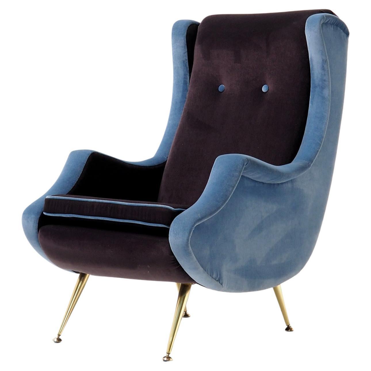 1950’s High-Back Fauteuil, Reupholstered in a Blue and Mauve Velvet For Sale