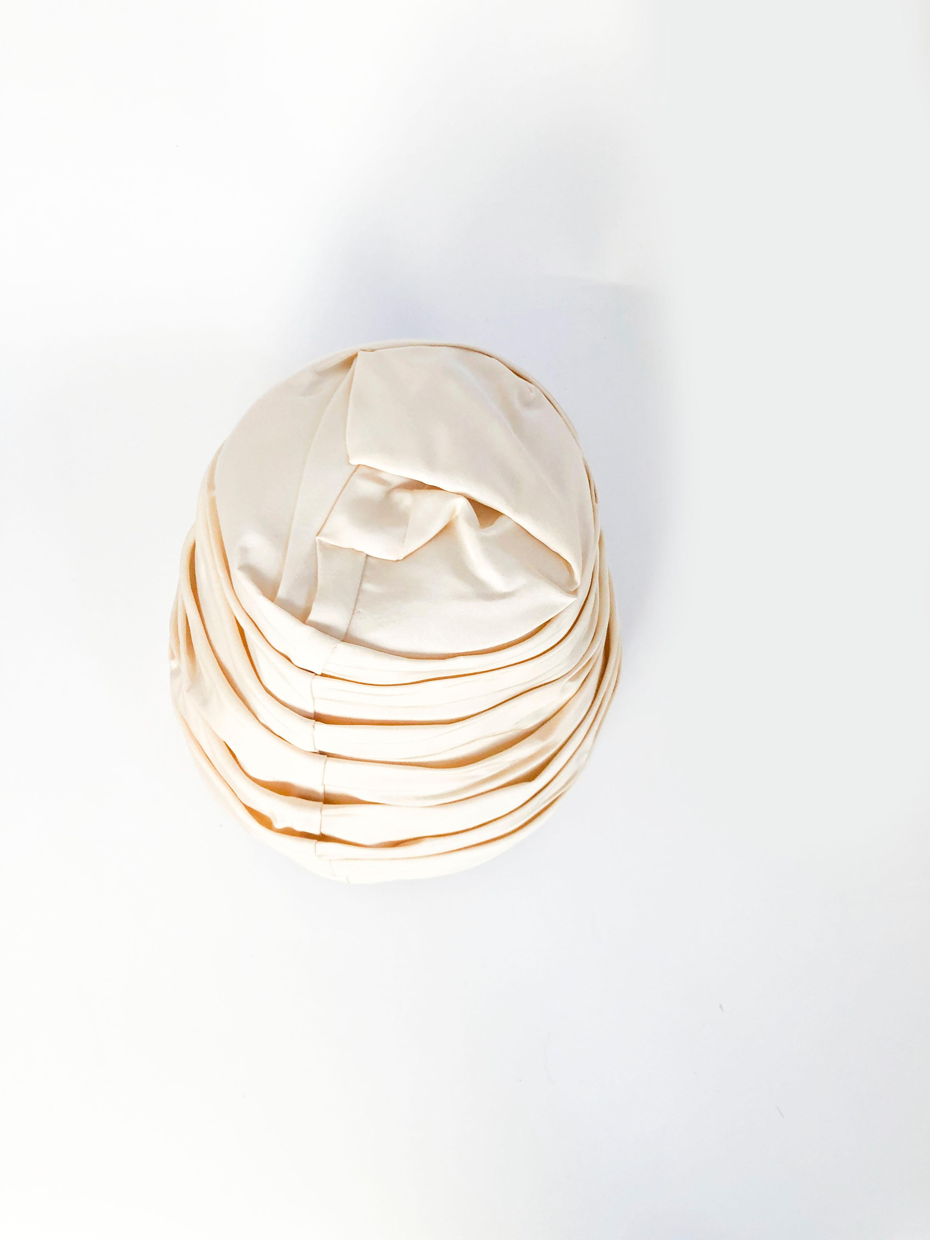 1950's High-Fashion Structured Turban in Cream Bone with Rhinestone Accent 1
