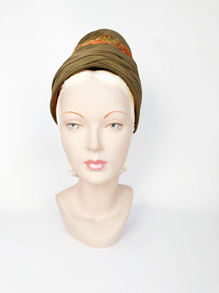 1950s/1960s High-Fashion Structured Turban with a high-crown in Olive and Tropical Print that are gathered and layered around the entire hat