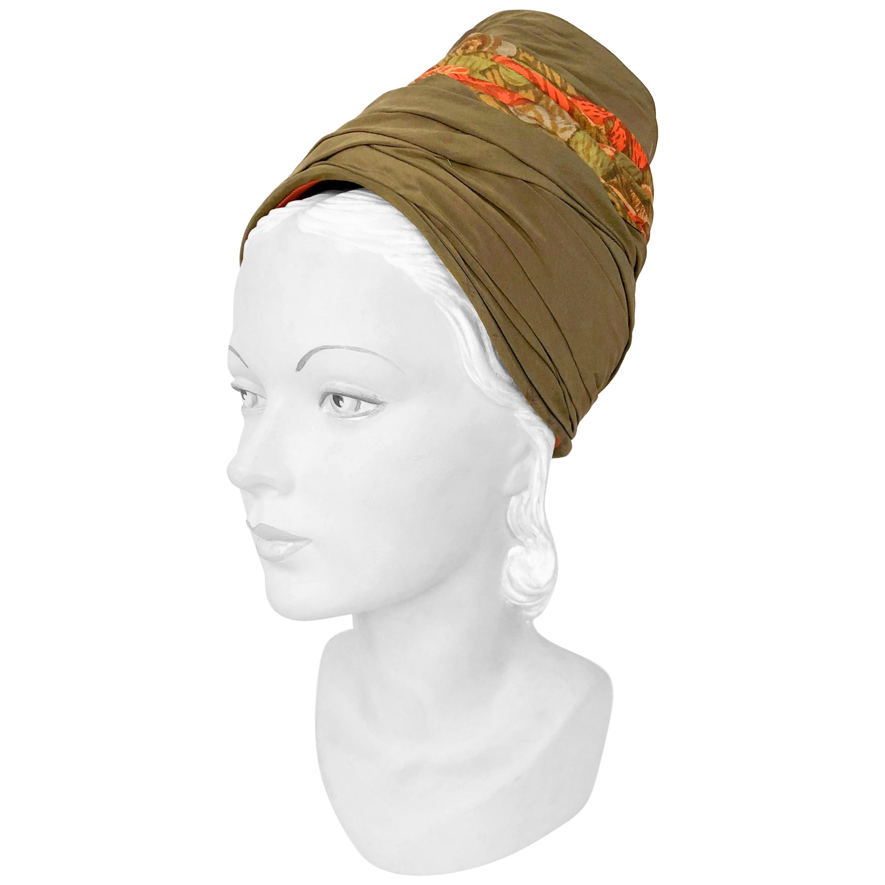 1950s High-Fashion Structured Turban in Olive and Tropical Print