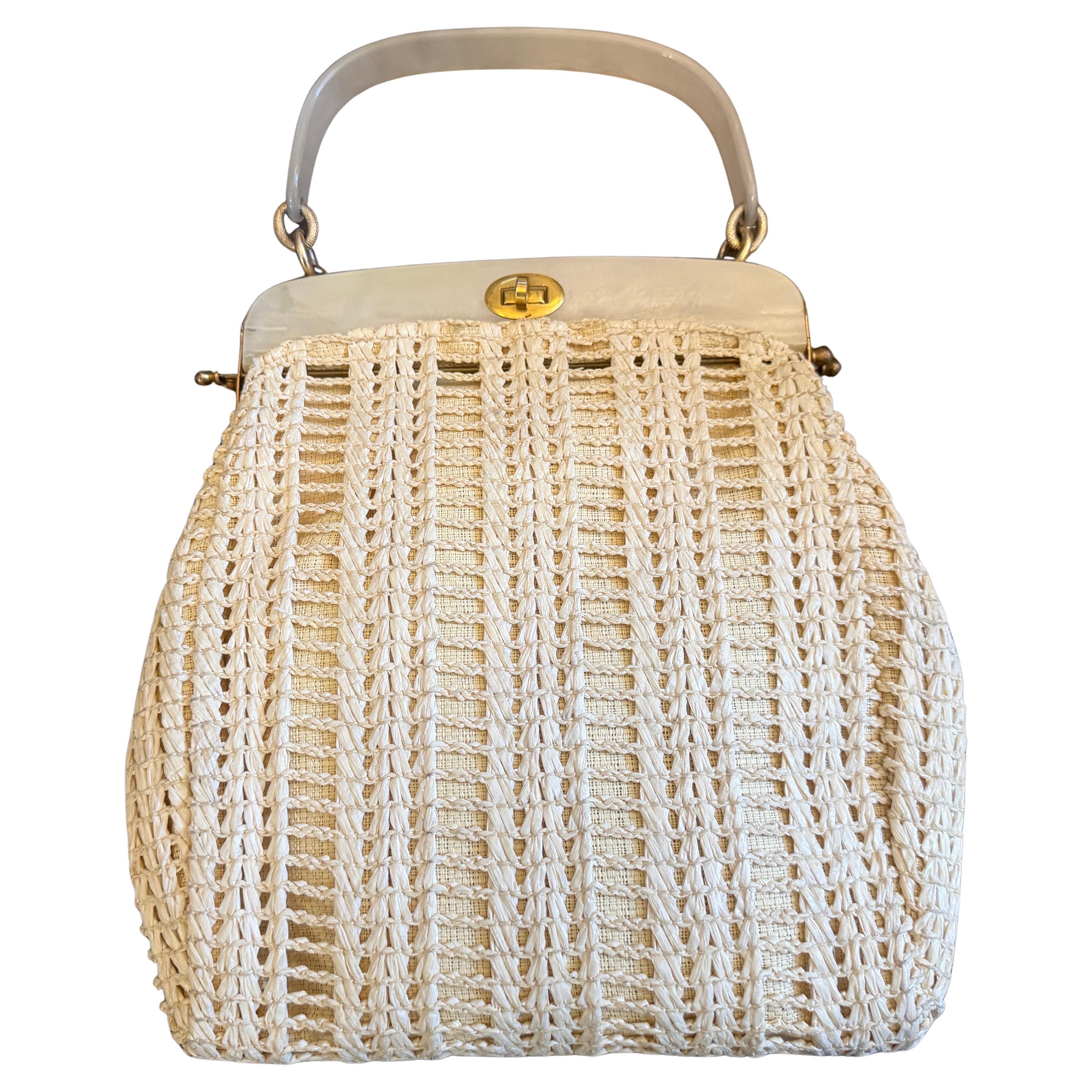 1950s High Quality Bakelite and Woven White Cotton Italian Hand-Bag For Sale