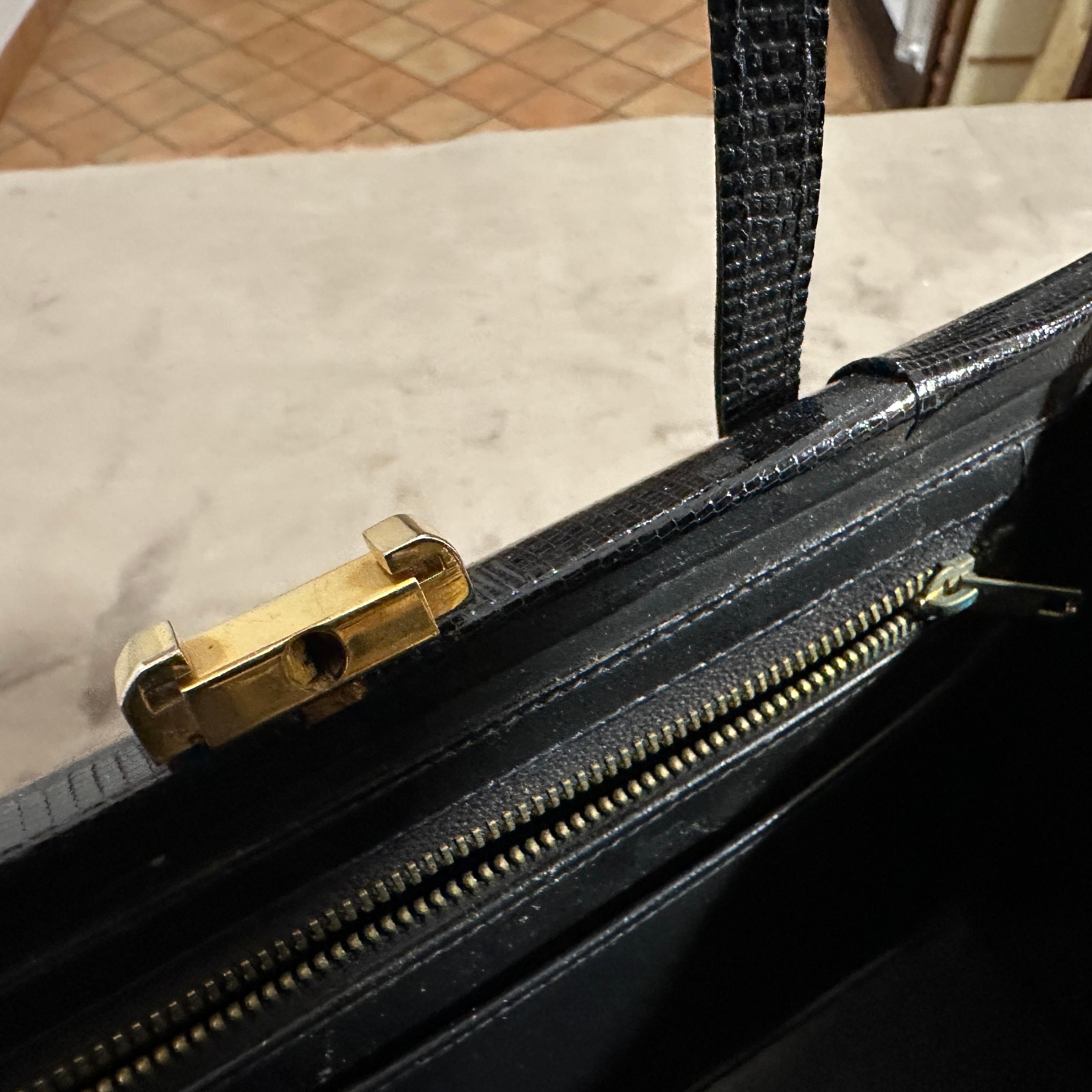 1950s High Quality Black Leather and Brass hardware Italian Evening Bag For Sale 7