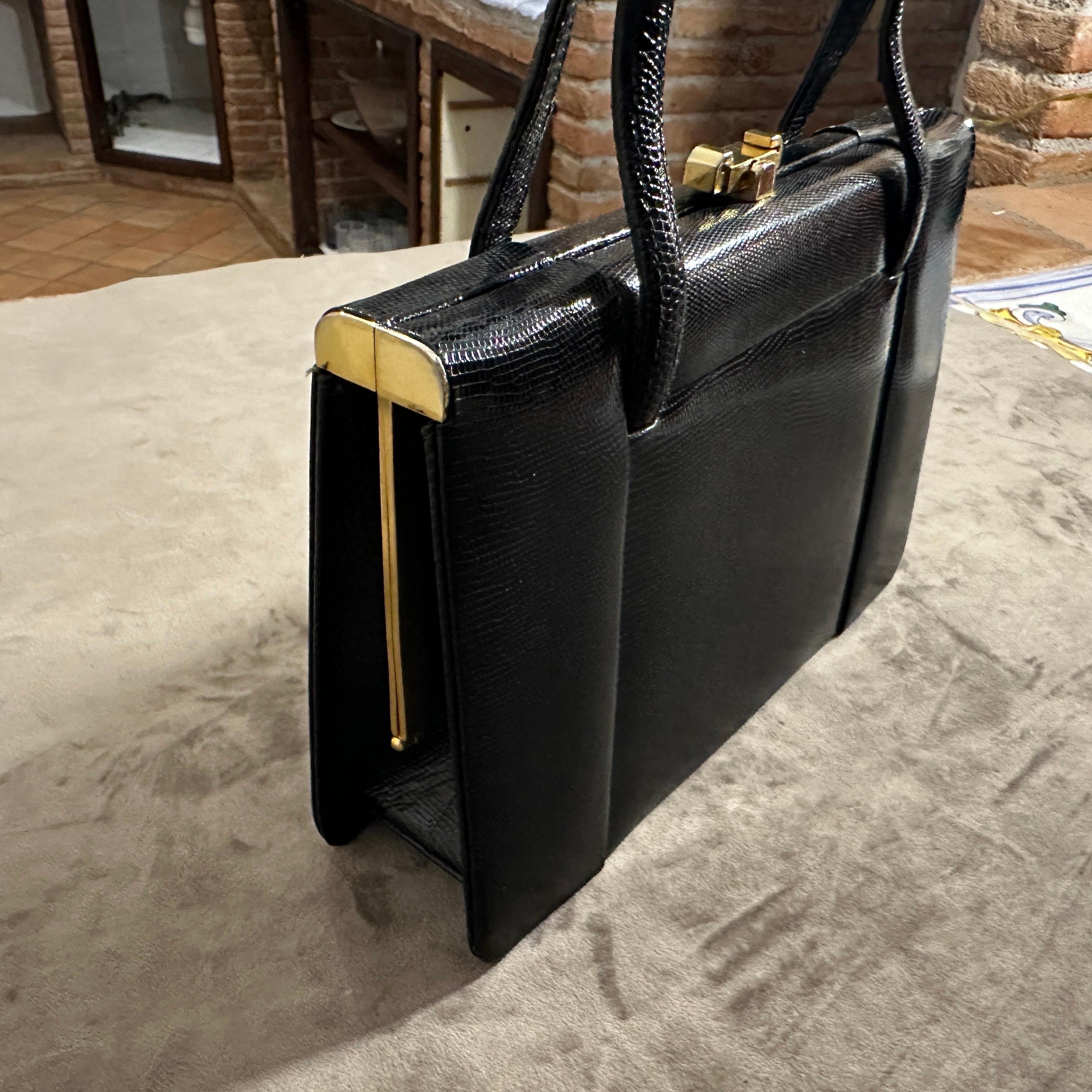 1950s High Quality Black Leather and Brass hardware Italian Evening Bag For Sale 12