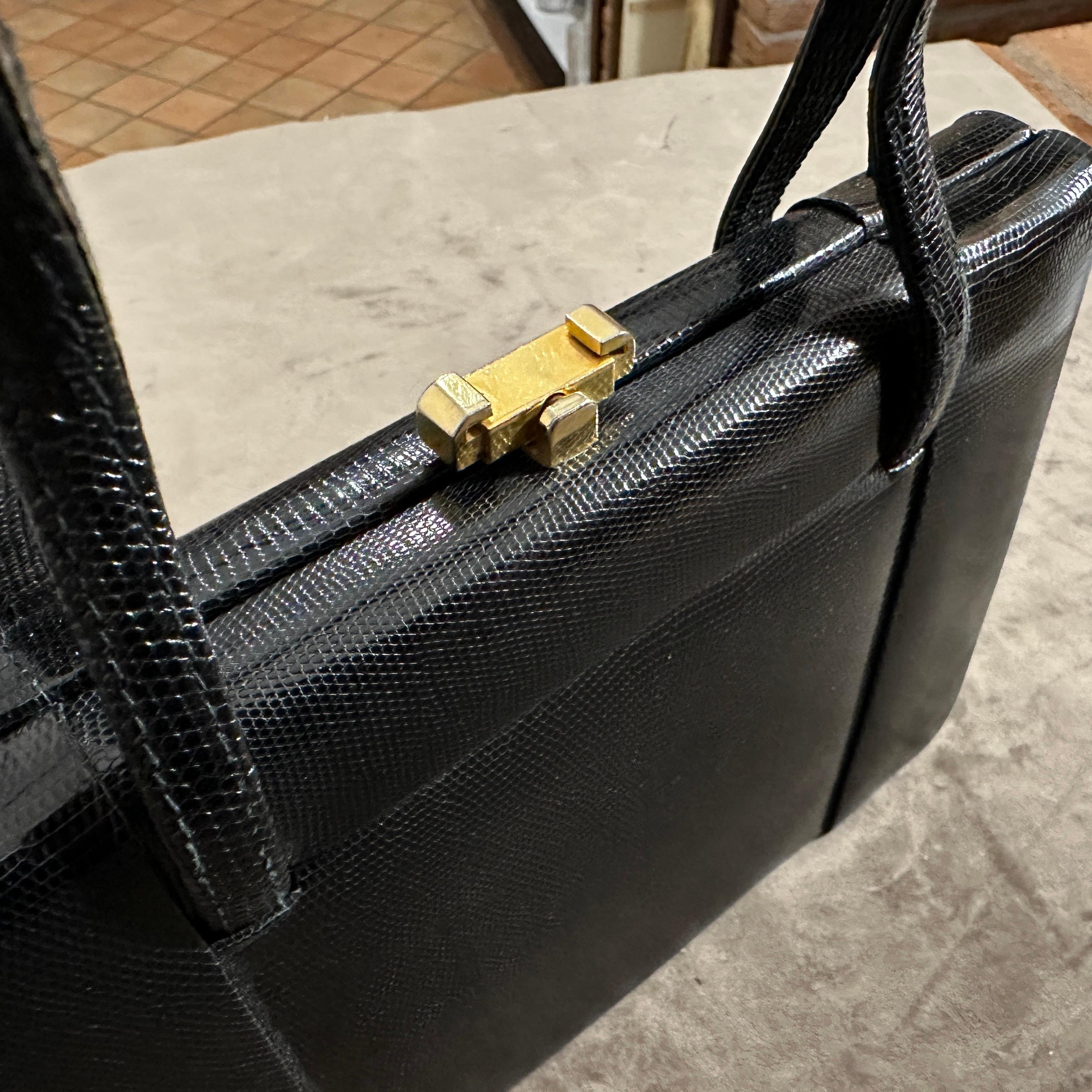1950s High Quality Black Leather and Brass hardware Italian Evening Bag For Sale 13