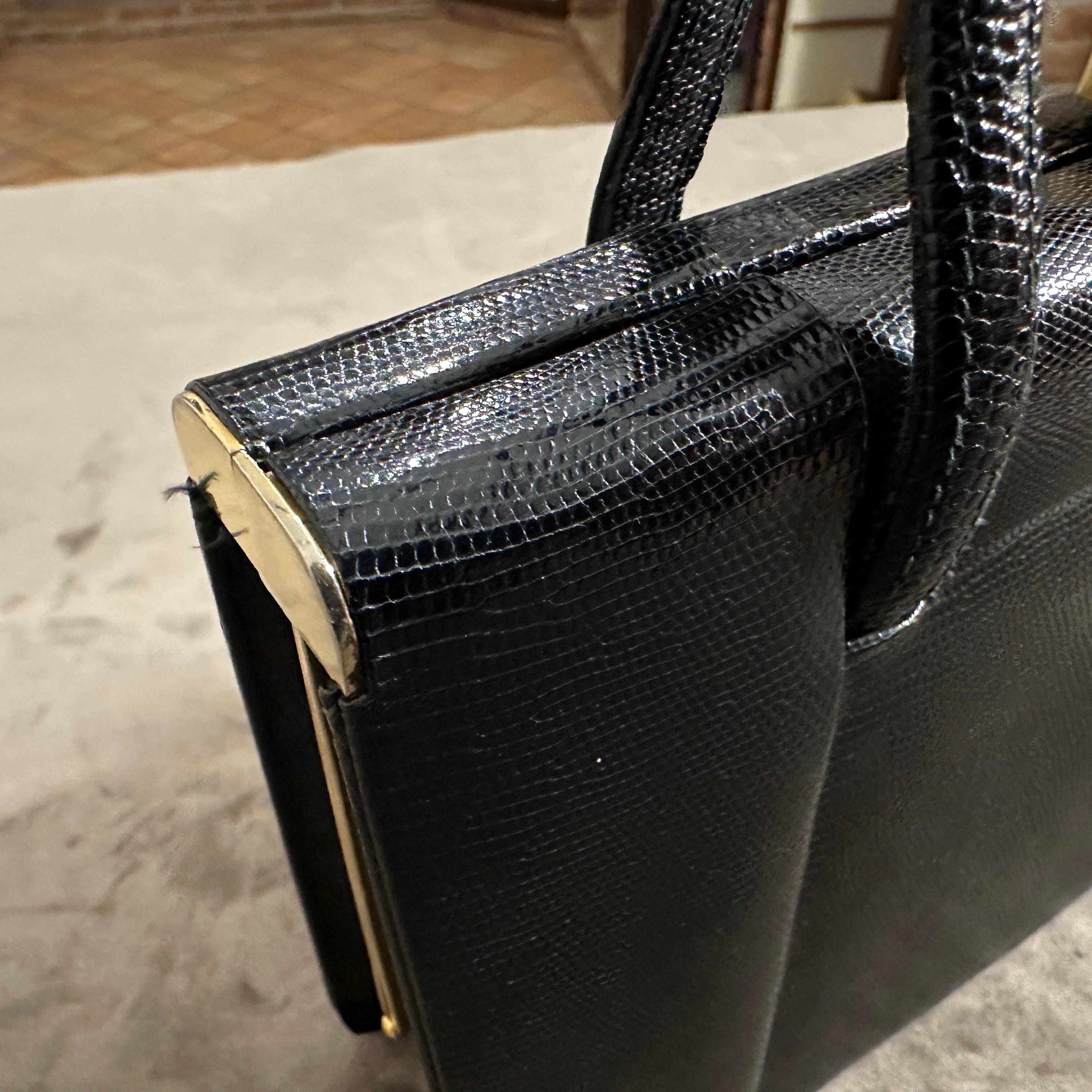 1950s High Quality Black Leather and Brass hardware Italian Evening Bag For Sale 14
