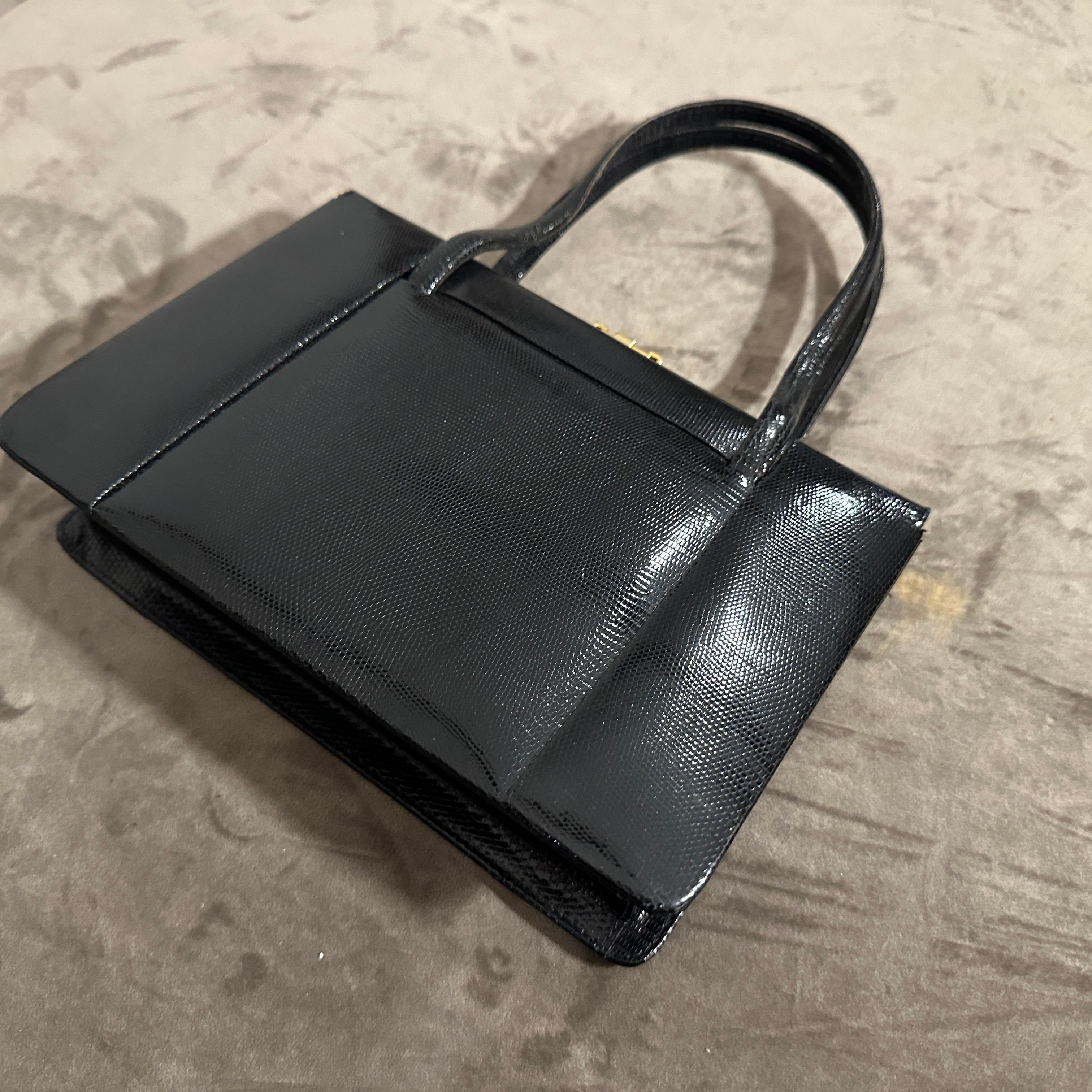 Women's 1950s High Quality Black Leather and Brass hardware Italian Evening Bag For Sale