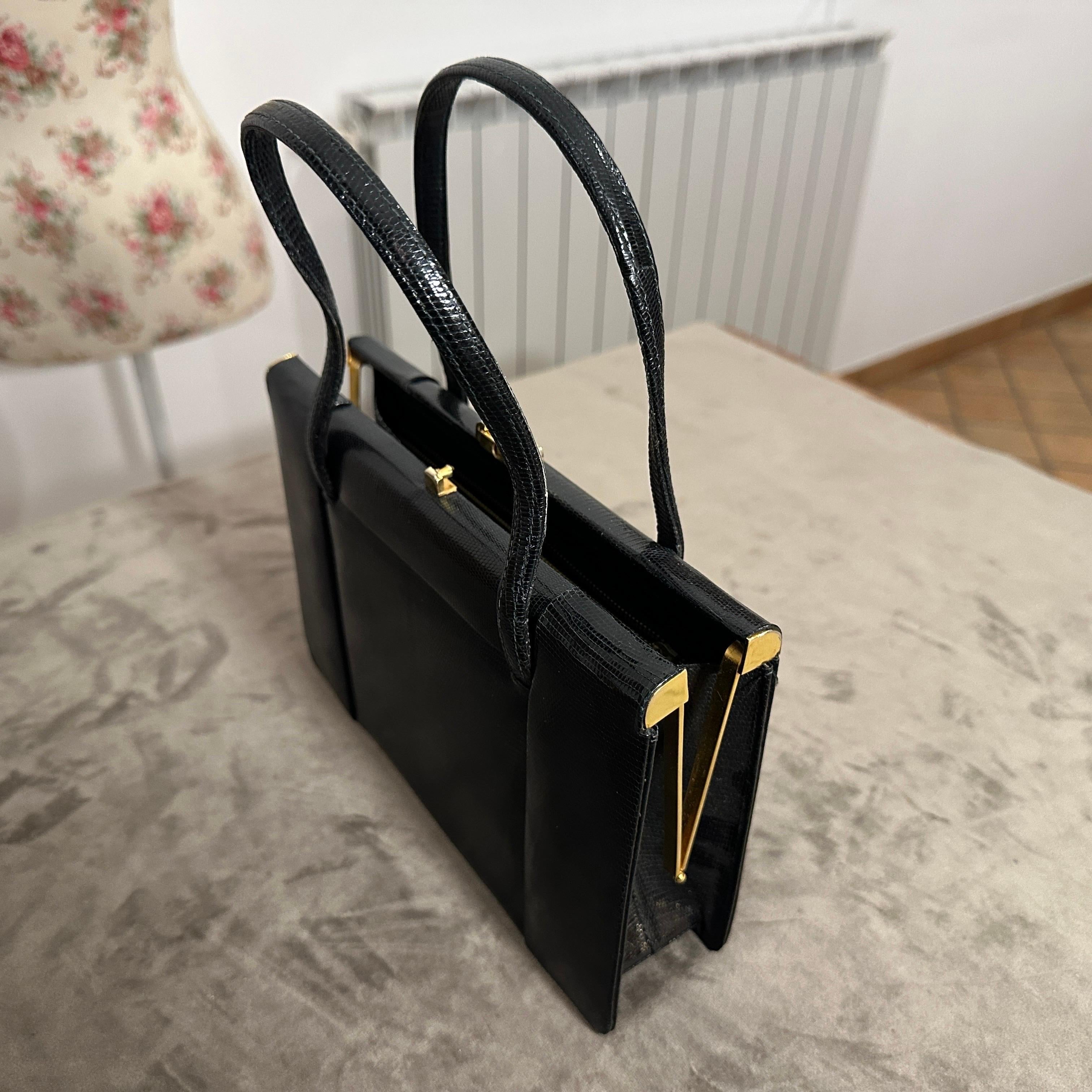 1950s High Quality Black Leather and Brass hardware Italian Evening Bag For Sale 2