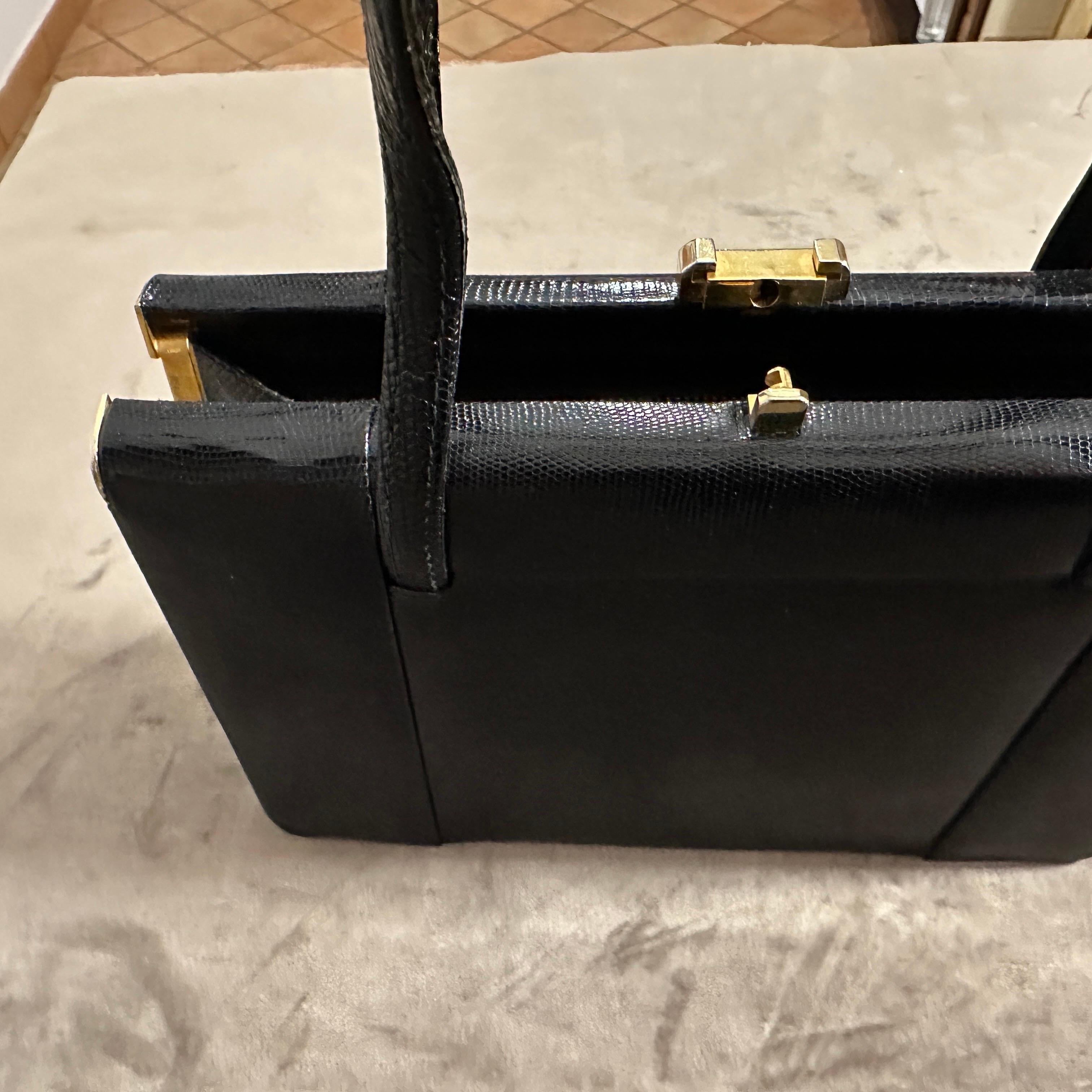 1950s High Quality Black Leather and Brass hardware Italian Evening Bag For Sale 3