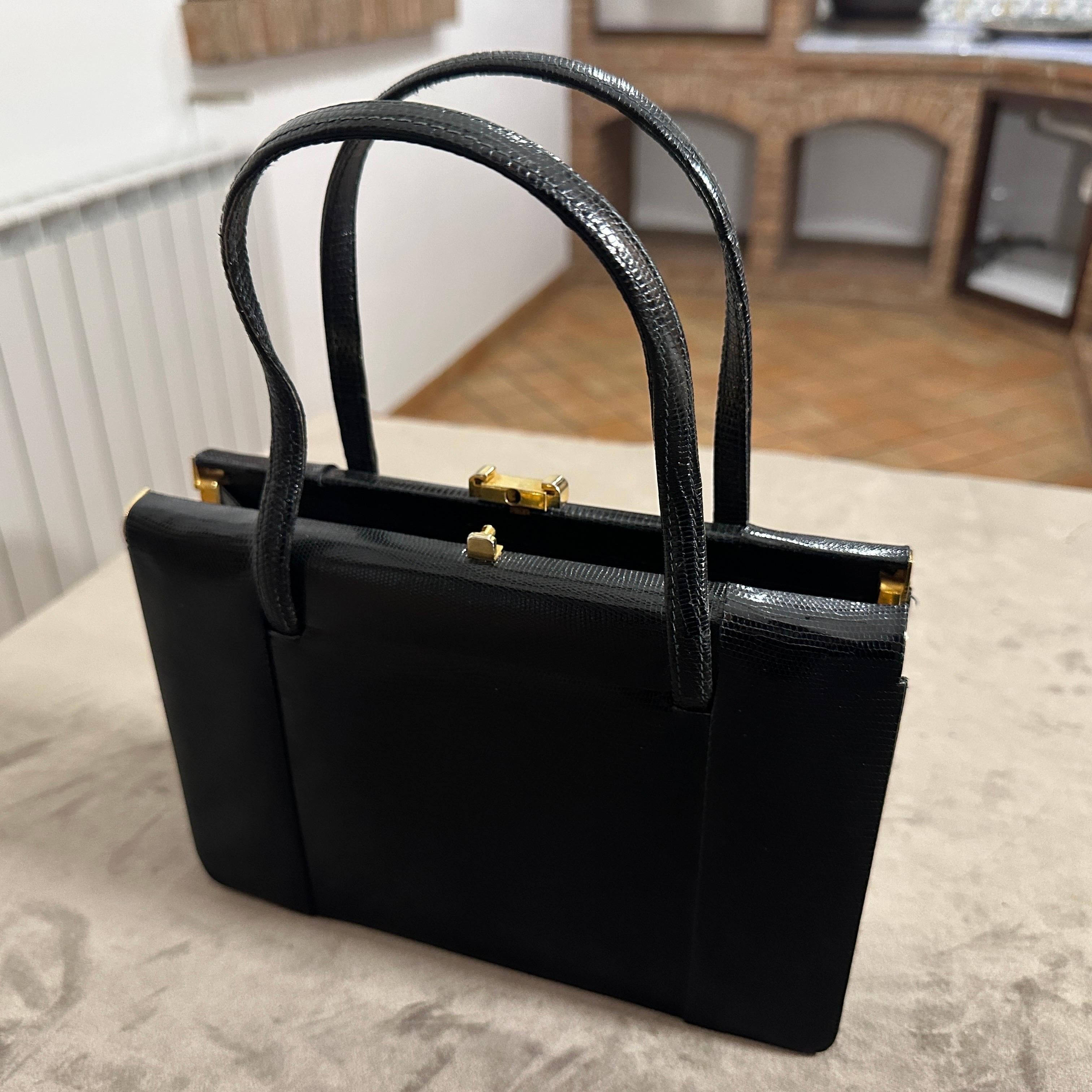 1950s High Quality Black Leather and Brass hardware Italian Evening Bag For Sale 4