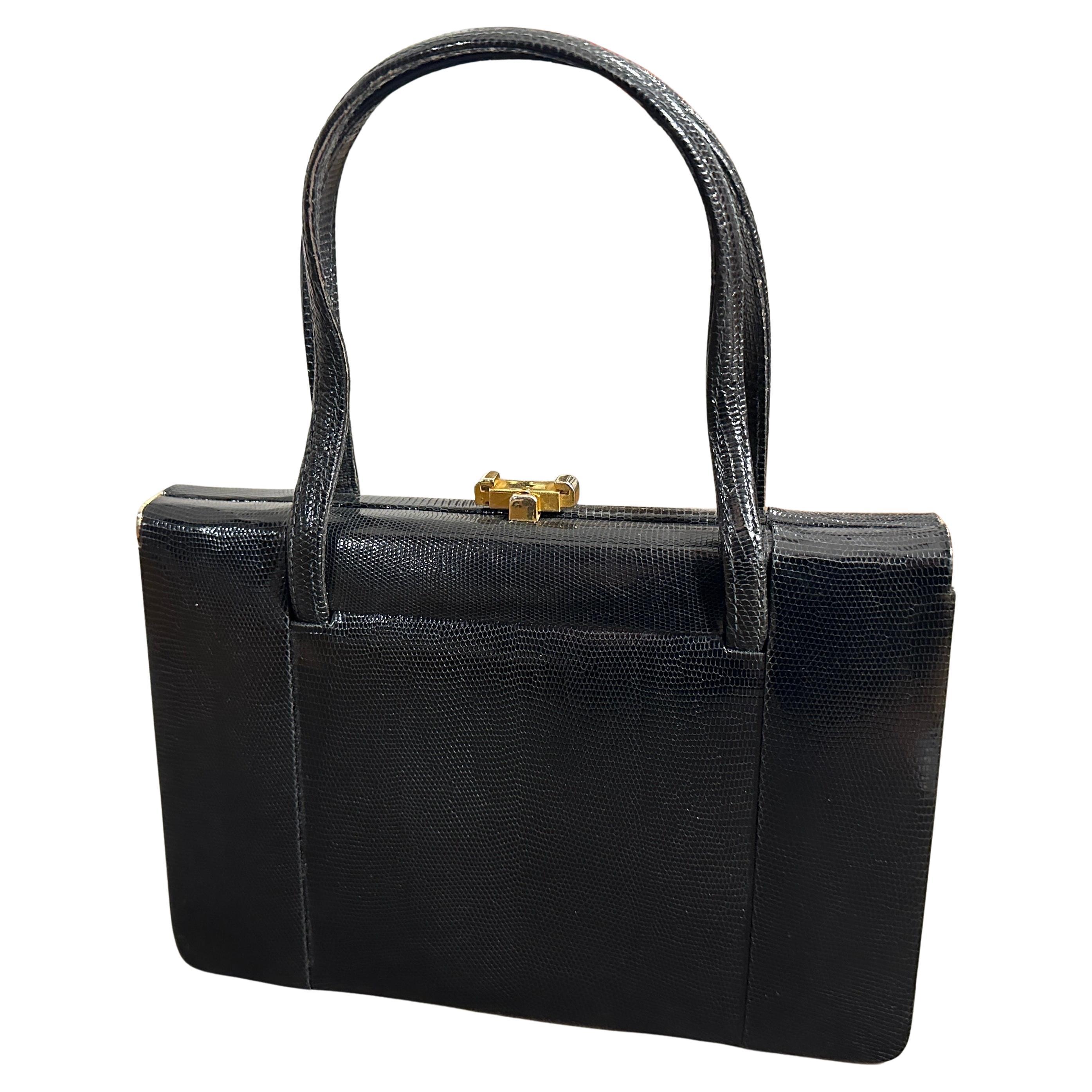 1950s High Quality Black Leather and Brass hardware Italian Evening Bag For Sale