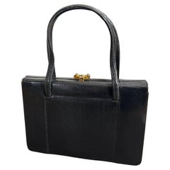 1950s High Quality Black Leather and Brass hardware Italian Evening Bag