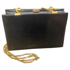 1950s High Quality Embossed Black Leather and Brass Italian Shoulder Bag