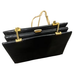 1950s High Quality Embossed Black Leather and Brass Italian Shoulder Bag