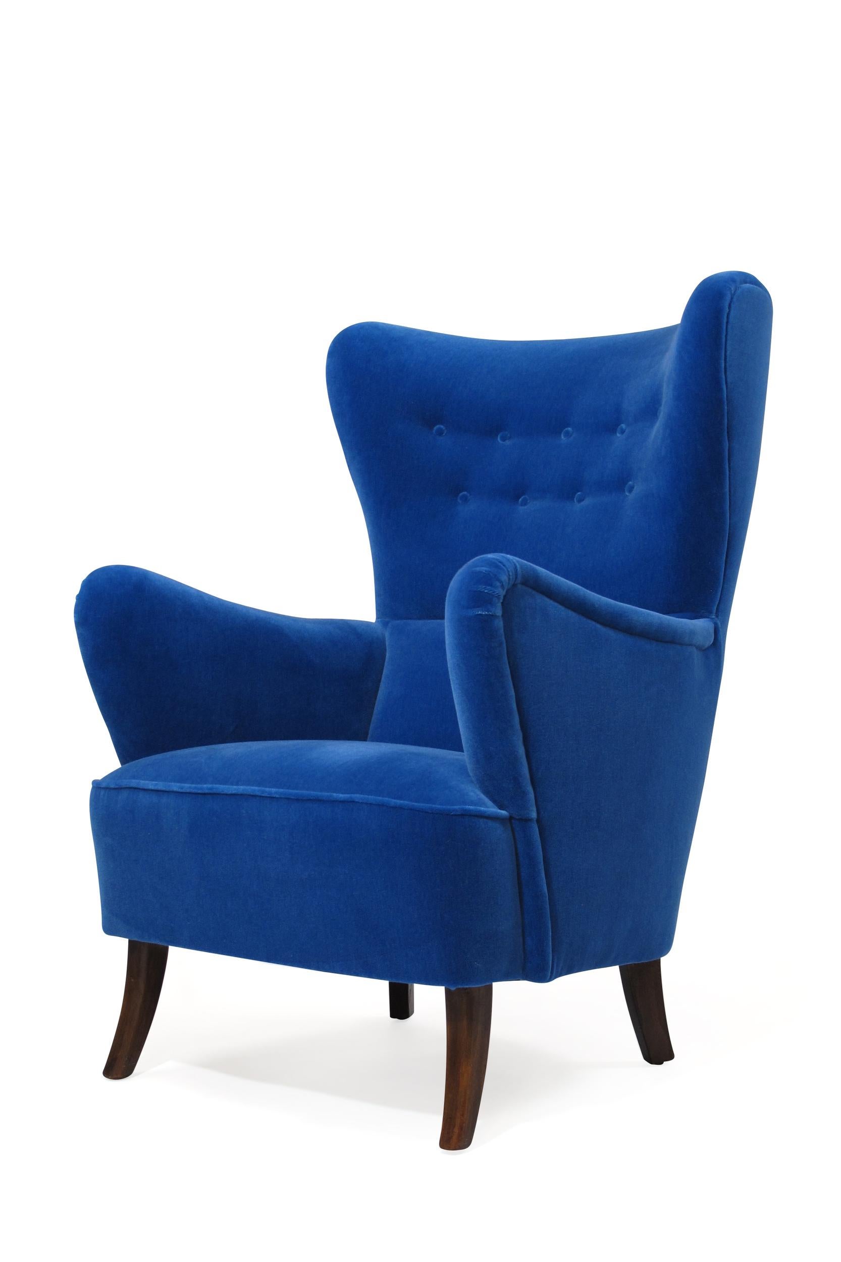 Scandinavian Modern 1950s Highback Lounge Chair in Blue Mohair