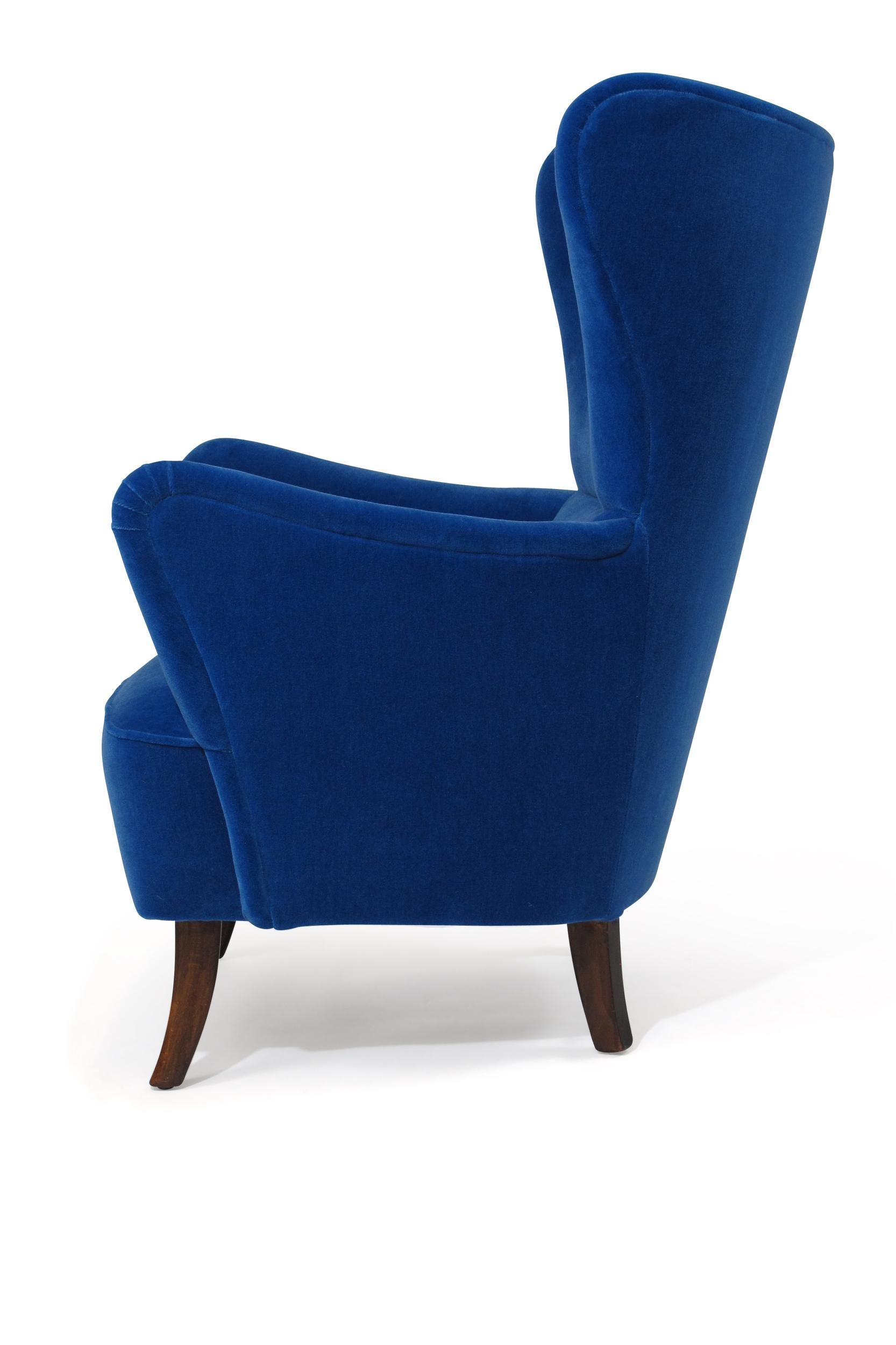 Danish 1950s Highback Lounge Chair in Blue Mohair