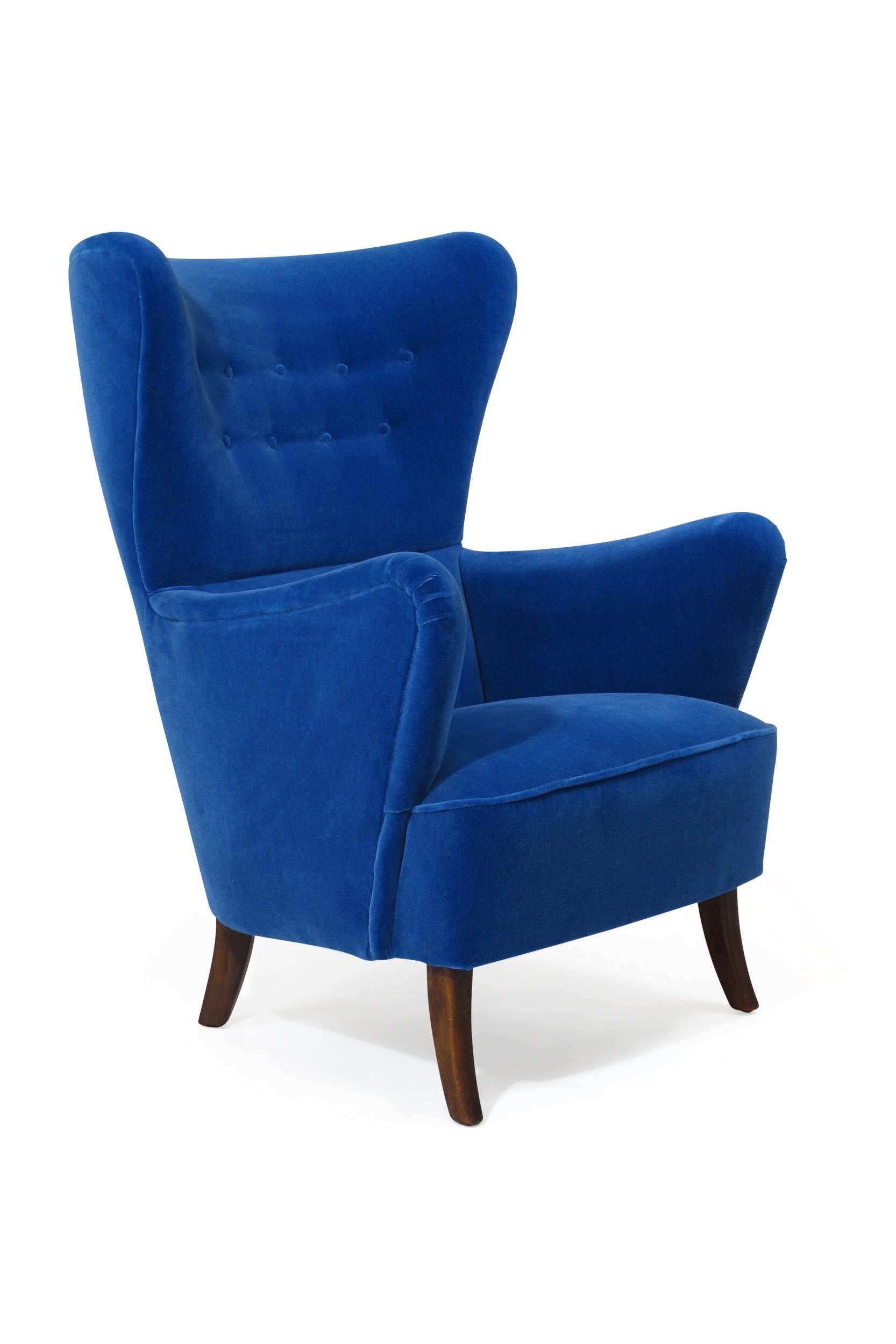 20th Century 1950s Highback Lounge Chair in Blue Mohair