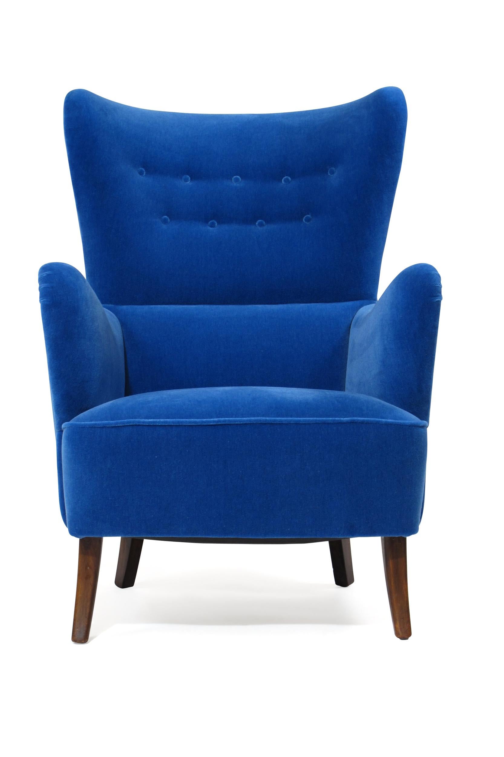1950s Highback Lounge Chair in Blue Mohair 2