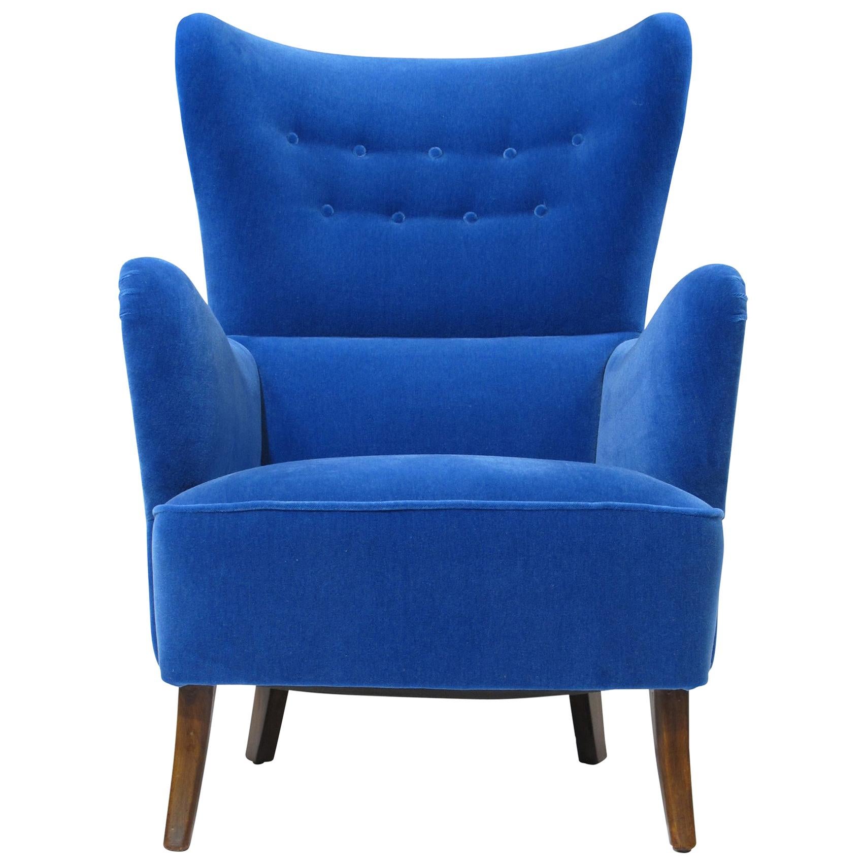 1950s Highback Lounge Chair in Blue Mohair