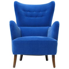 1950s Highback Lounge Chair in Blue Mohair