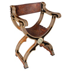 1950s Hispano-Moorish Curule Chair with Inlay and Embossed Leather