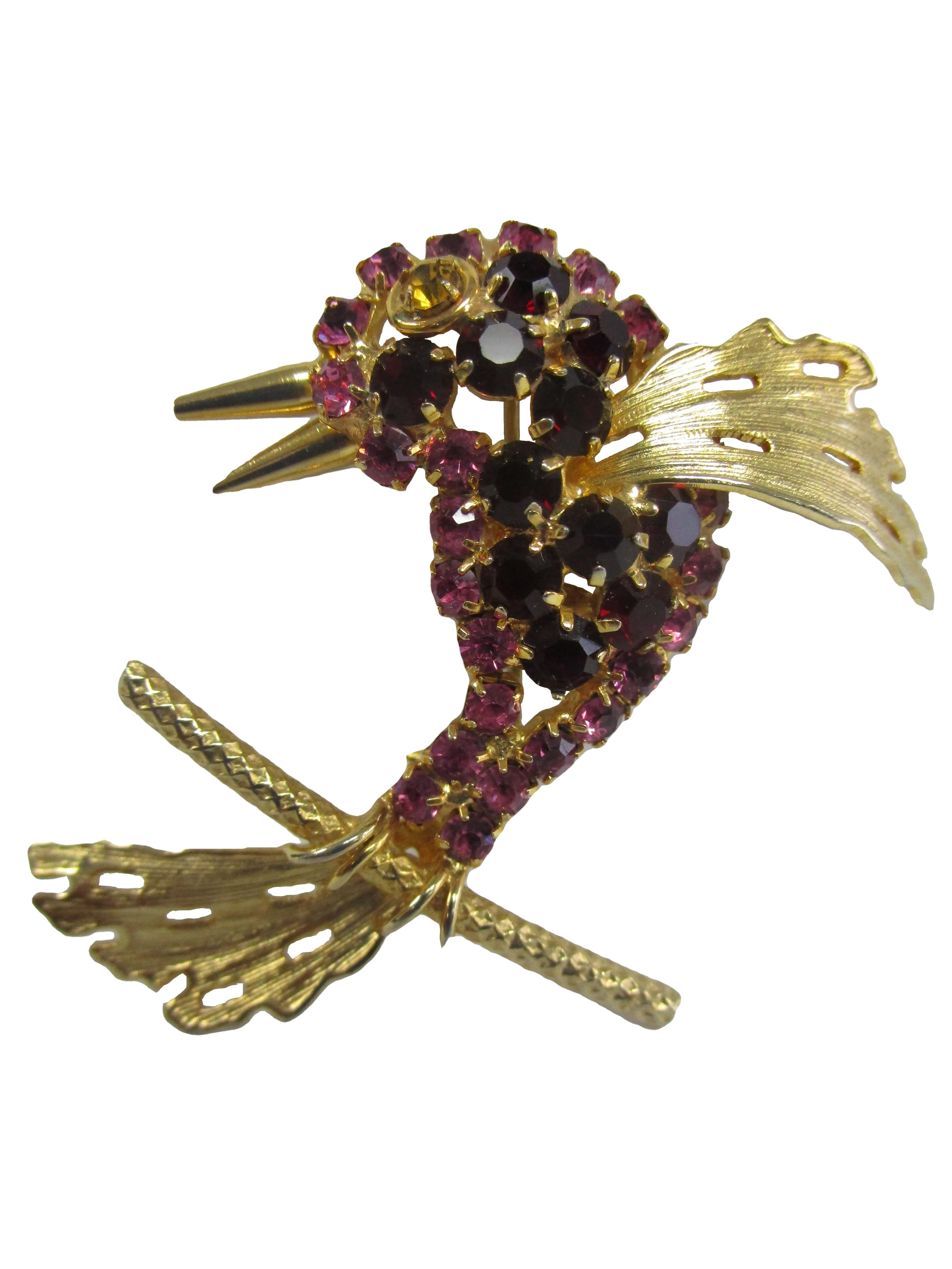 Artisan 1950s Hobé Multicolor Rhinestone and Gold tone Hummingbird Brooch For Sale