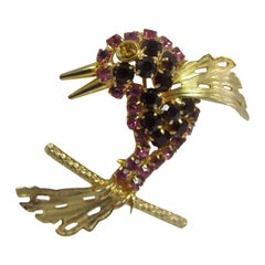 Retro 1950s Hobé Multicolor Rhinestone and Gold tone Hummingbird Brooch