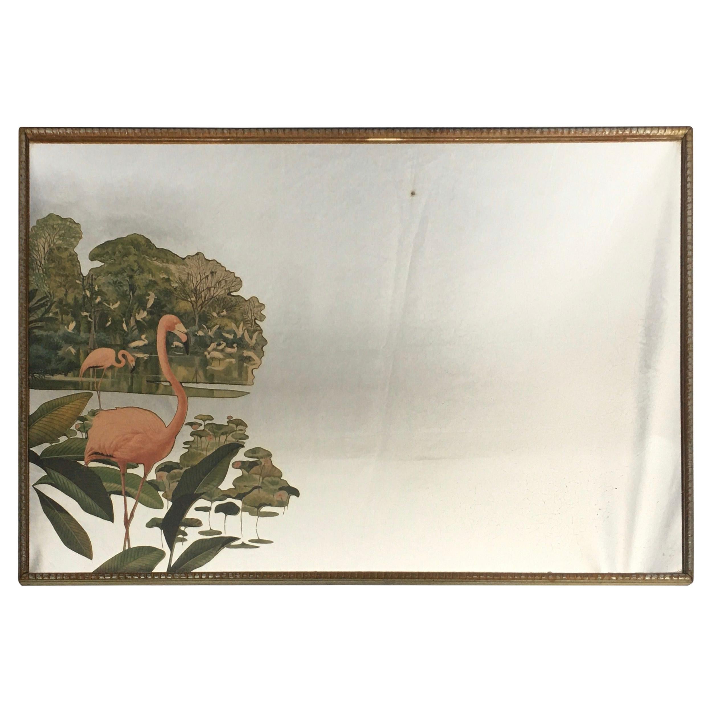 1950s Hollywood Palm Regency Tropical Flamingo Bird Wall Art Mirror