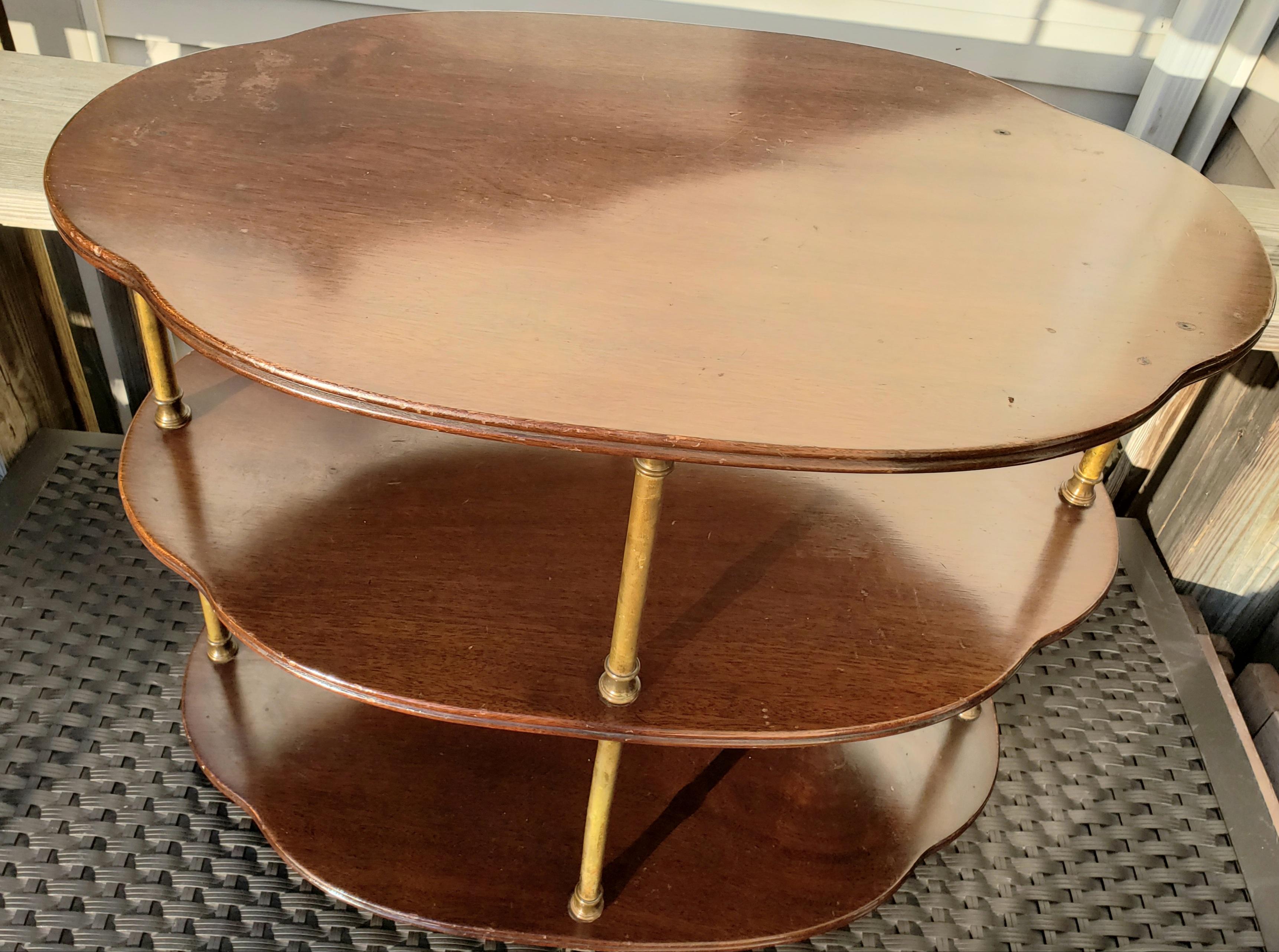1950s Hollywood Regency 3 Tier Mahogany and Brass Server, Bar Cart on Casters For Sale 3