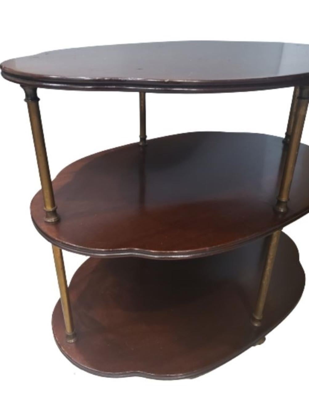20th Century 1950s Hollywood Regency 3 Tier Mahogany and Brass Server, Bar Cart on Casters For Sale