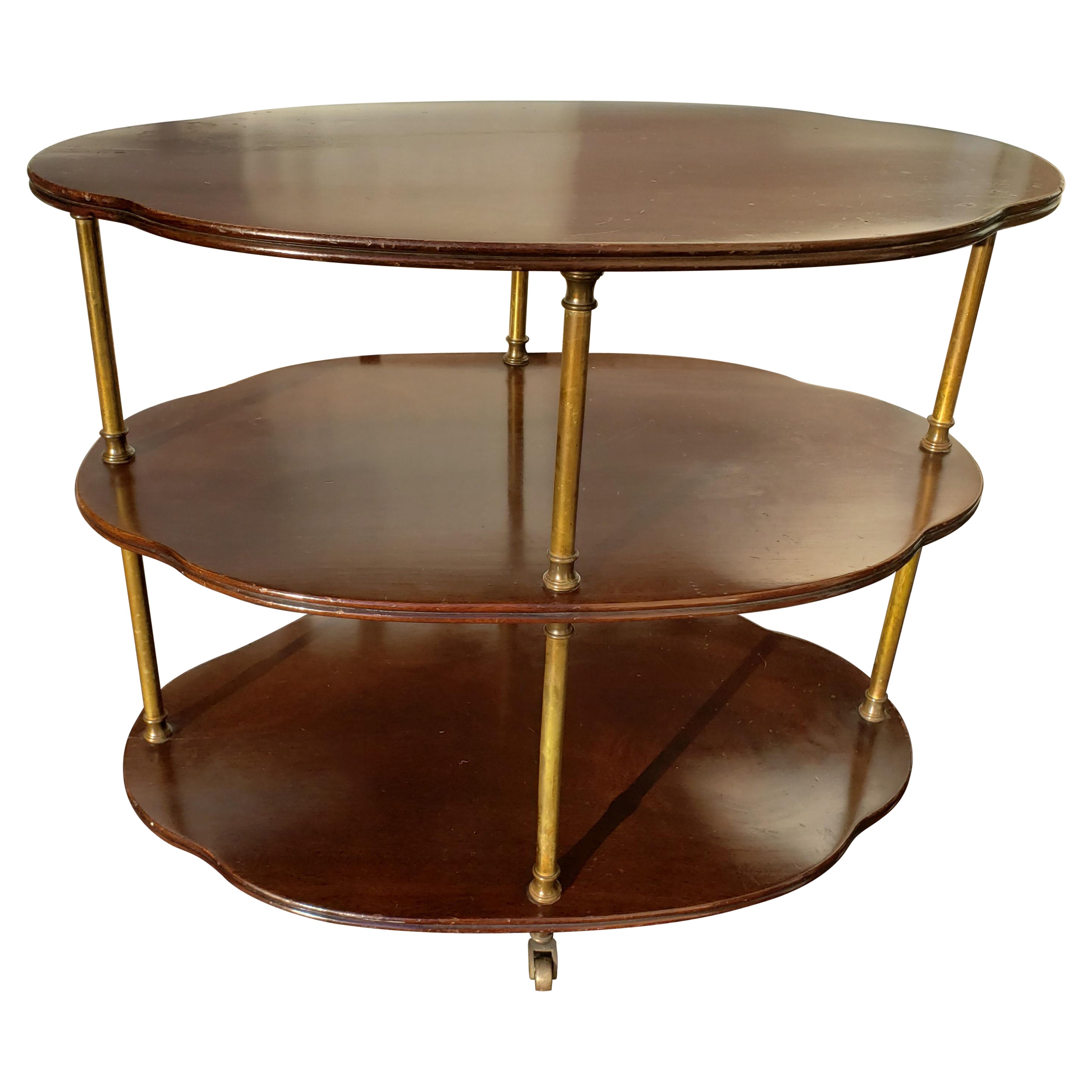 Server Hollywood Regency del 1950 a 3 livelli in mogano e ottone, carrello da bar con rotelle