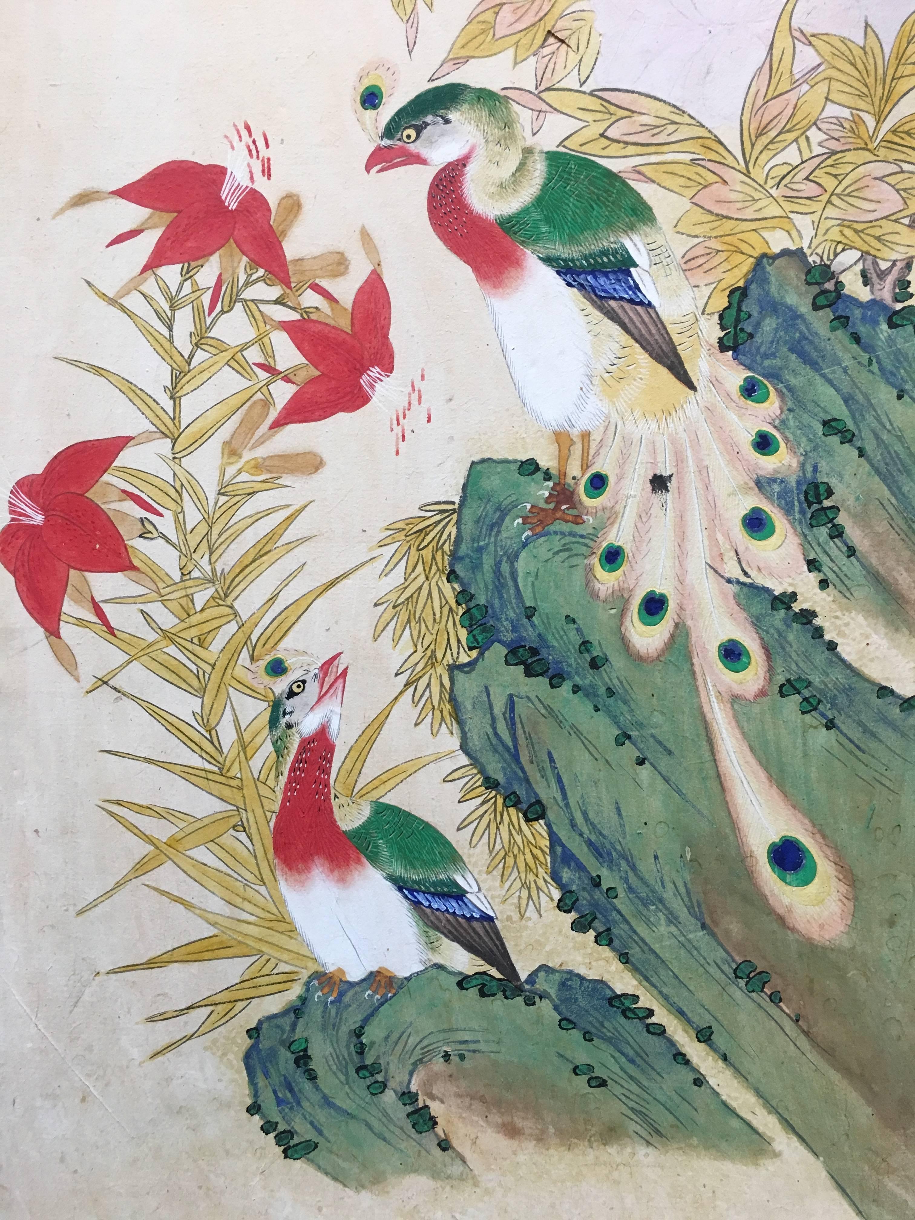 Milieu du XXe siècle Peinture coréenne encadrée de style Hollywood Regency des années 1950 avec chinoiserie