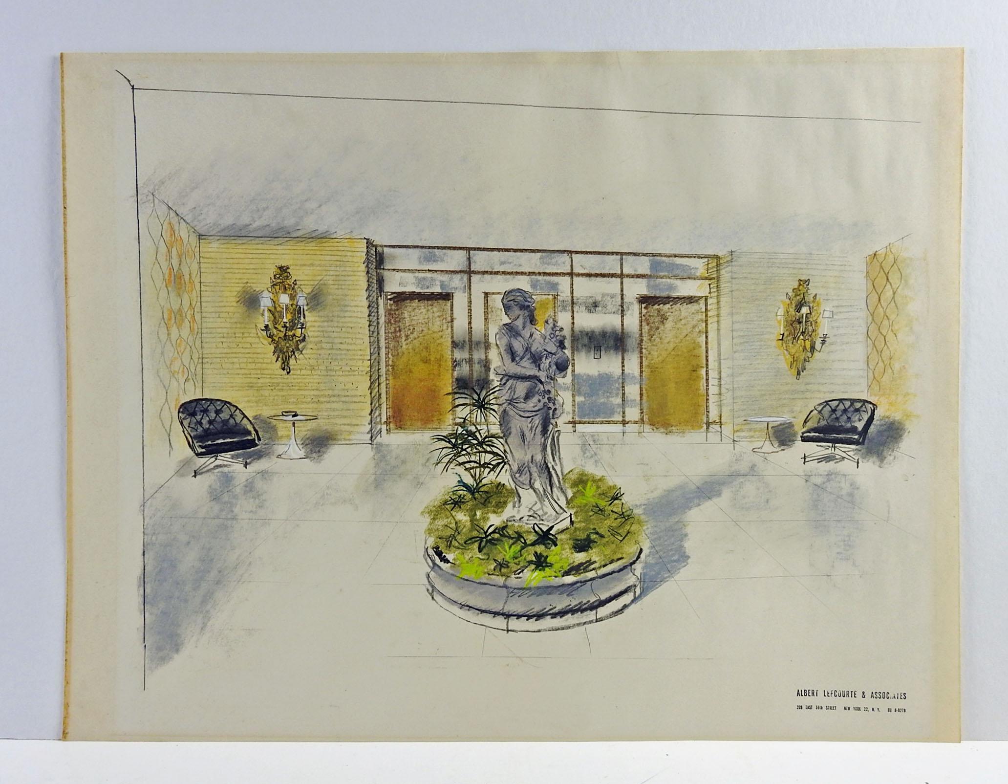 Architectural rendering of a courtyard circa 1950 rendered in oil pastel with gold metallic highlights on paper. Stamped Albert Leecourte & Assoc., New York, lower right corner. Unframed. Age toning.