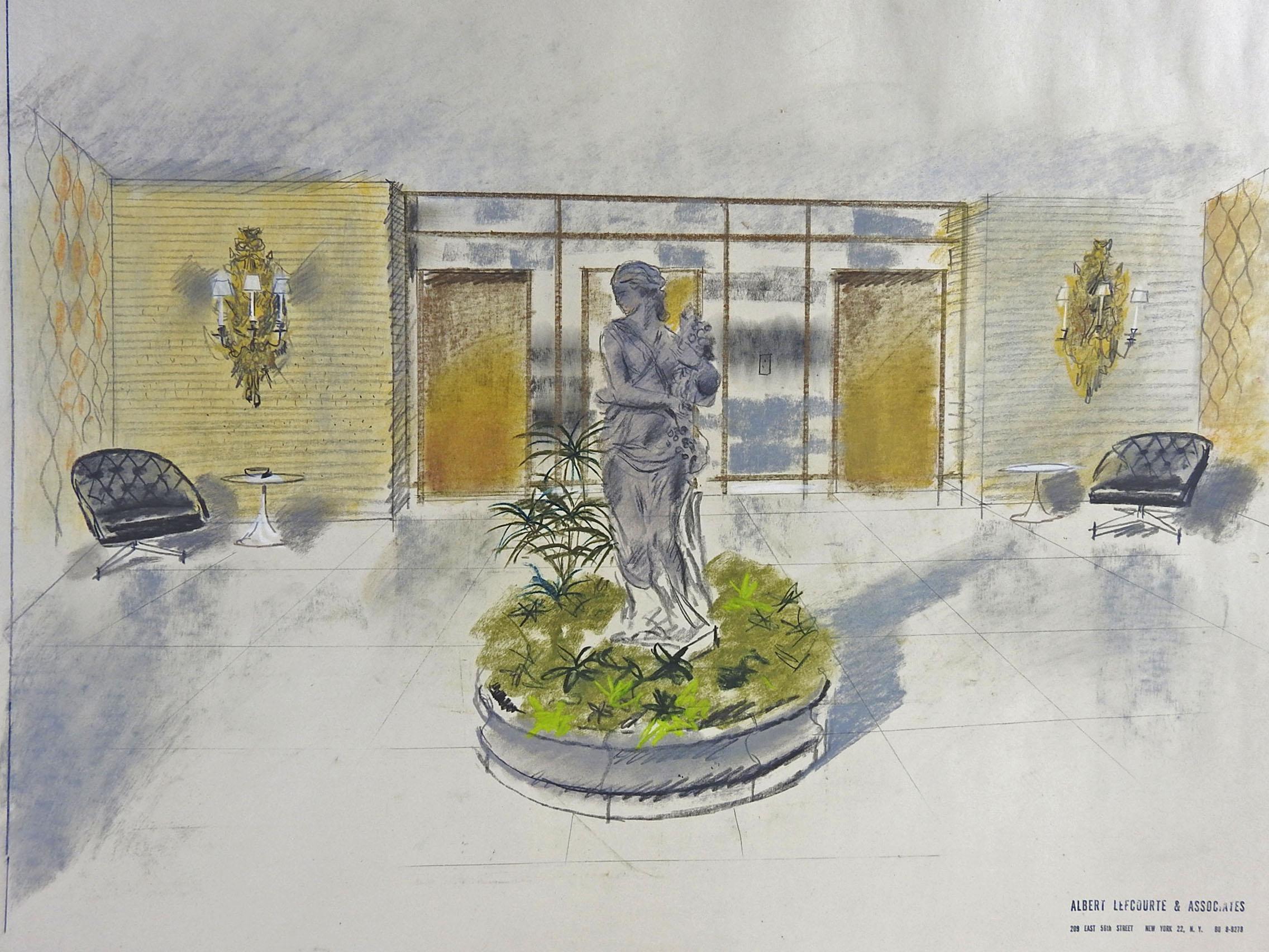 American 1950s Hollywood Regency Courtyard Architectural Painting For Sale