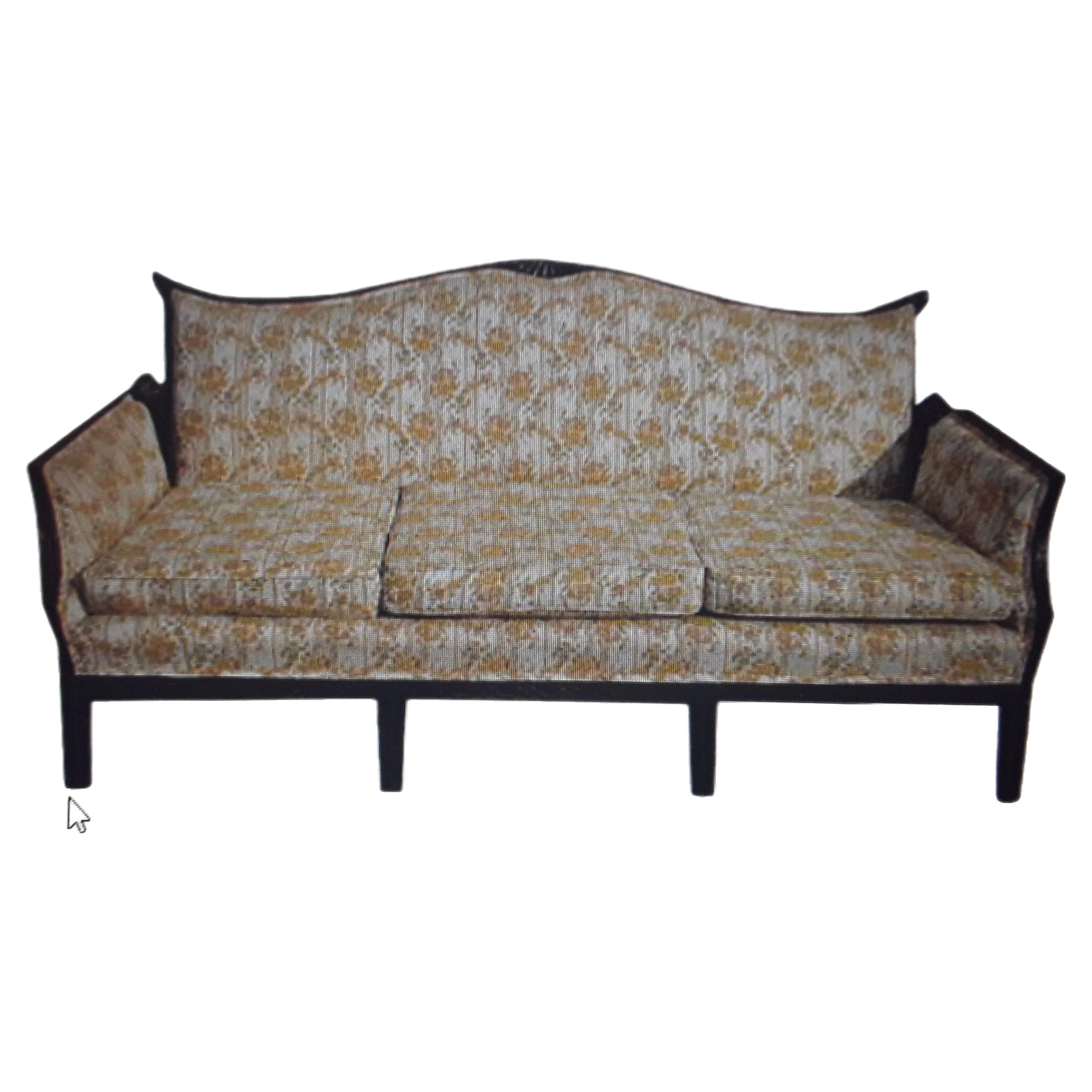 1940's Hollywood Regency Chinoiserie Expertly Carved Grand Sofa. Please look at pictures closely, all of the wood frame is carved with stunning Asian motif. Very high quality vintage fabric in good condition. This sofa came from a very clean estate.