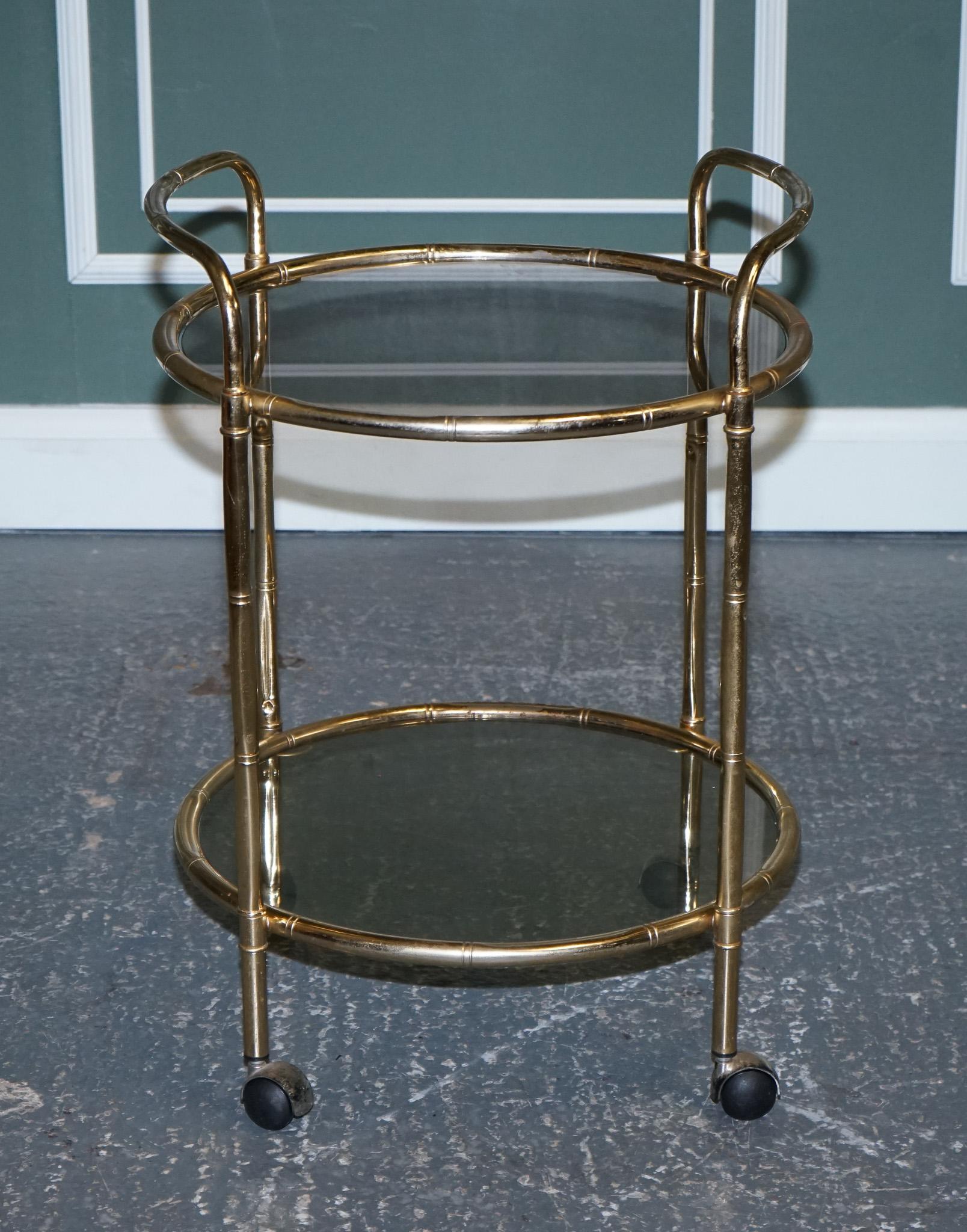 Hand-Crafted 1950s Hollywood Regency Italian Faux Bamboo Brass & Smoked Glass Bar Trolley