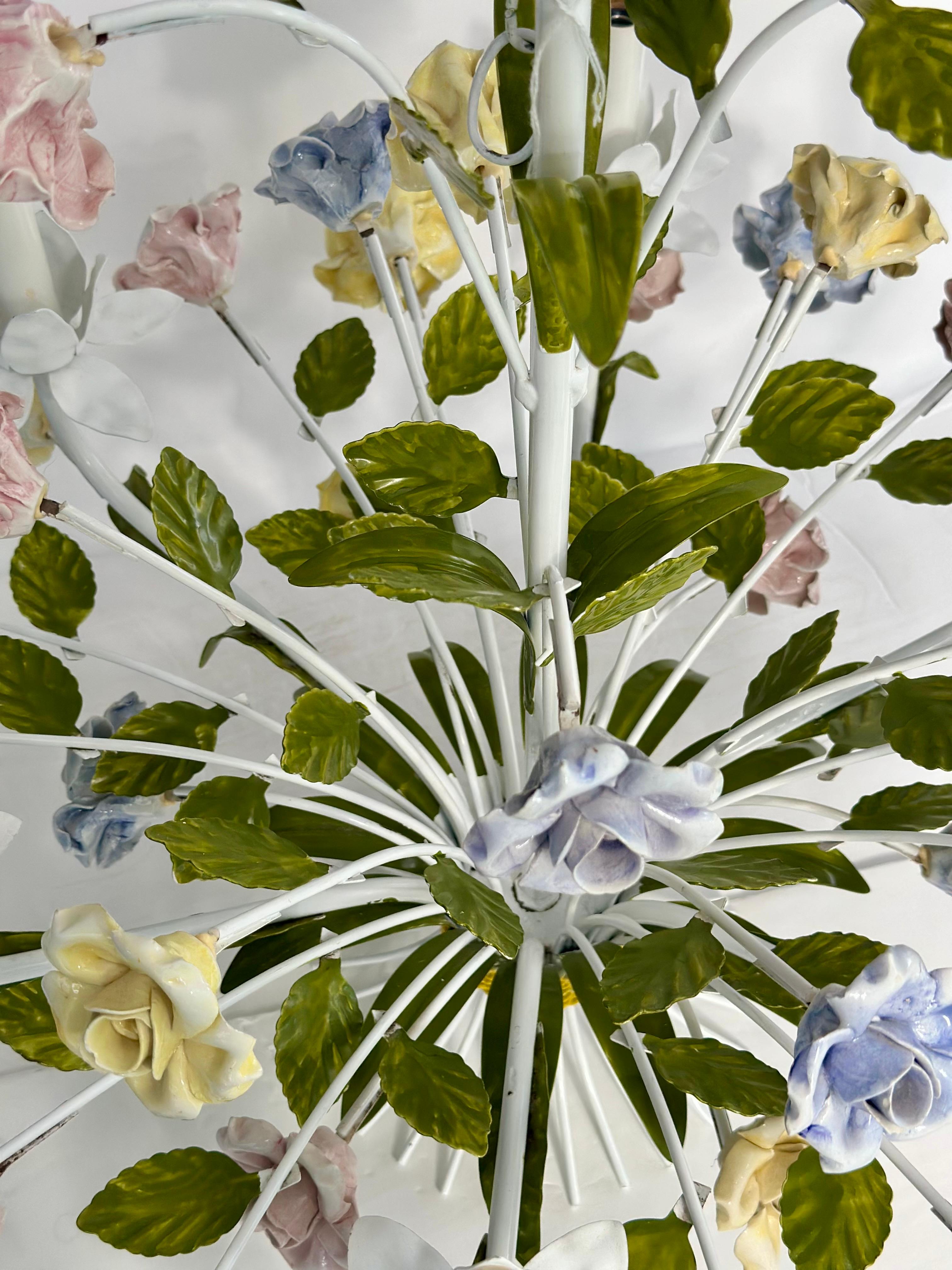 1950s Hollywood Regency Italian Floral Pastel Tole Chandelier Six Heads For Sale 5