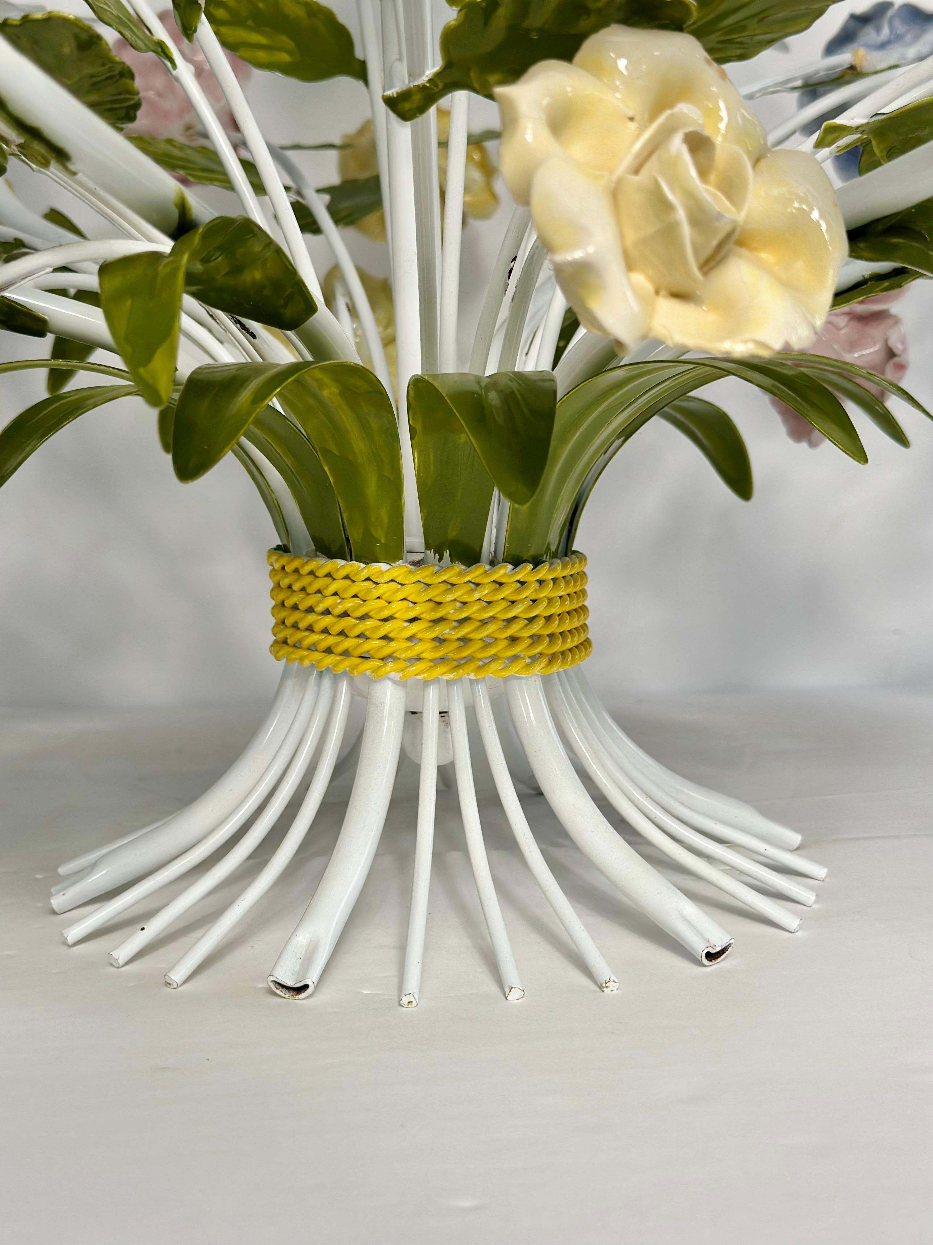 1950s Hollywood Regency Italian Floral Pastel Tole Chandelier Six Heads For Sale 6