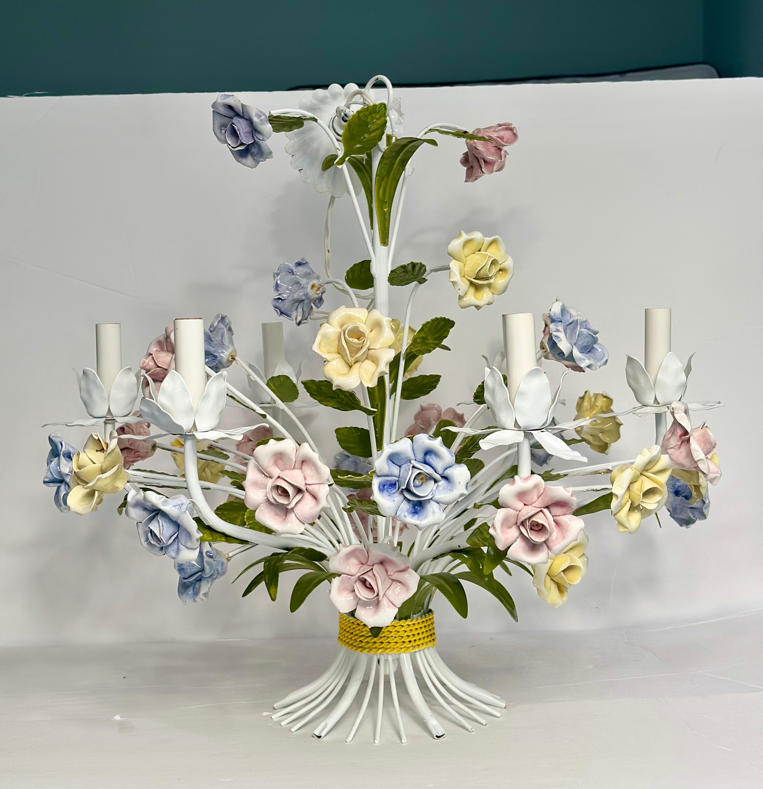 Mid-20th Century 1950s Hollywood Regency Italian Floral Pastel Tole Chandelier Six Heads For Sale